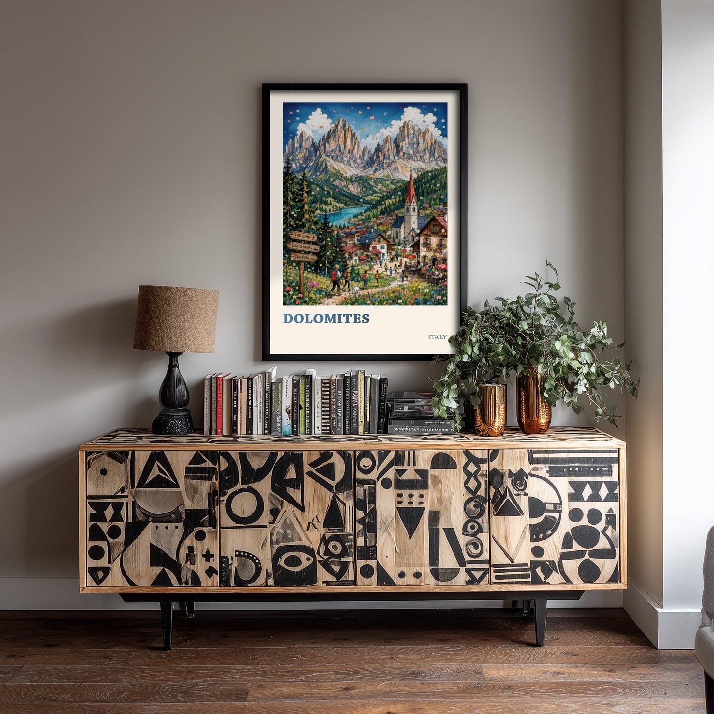Dolomites Italy Travel Poster - Alpine Mountain Art Print - Vibrant Village Illustration - Tre Cime Hiking Visit 2/3