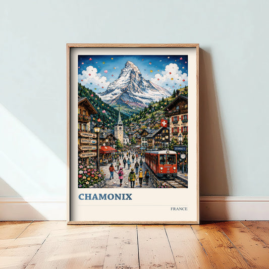 Chamonix France Travel Poster - Alpine Art Print - Mountain Village Illustration - French Alps Visit 3/3