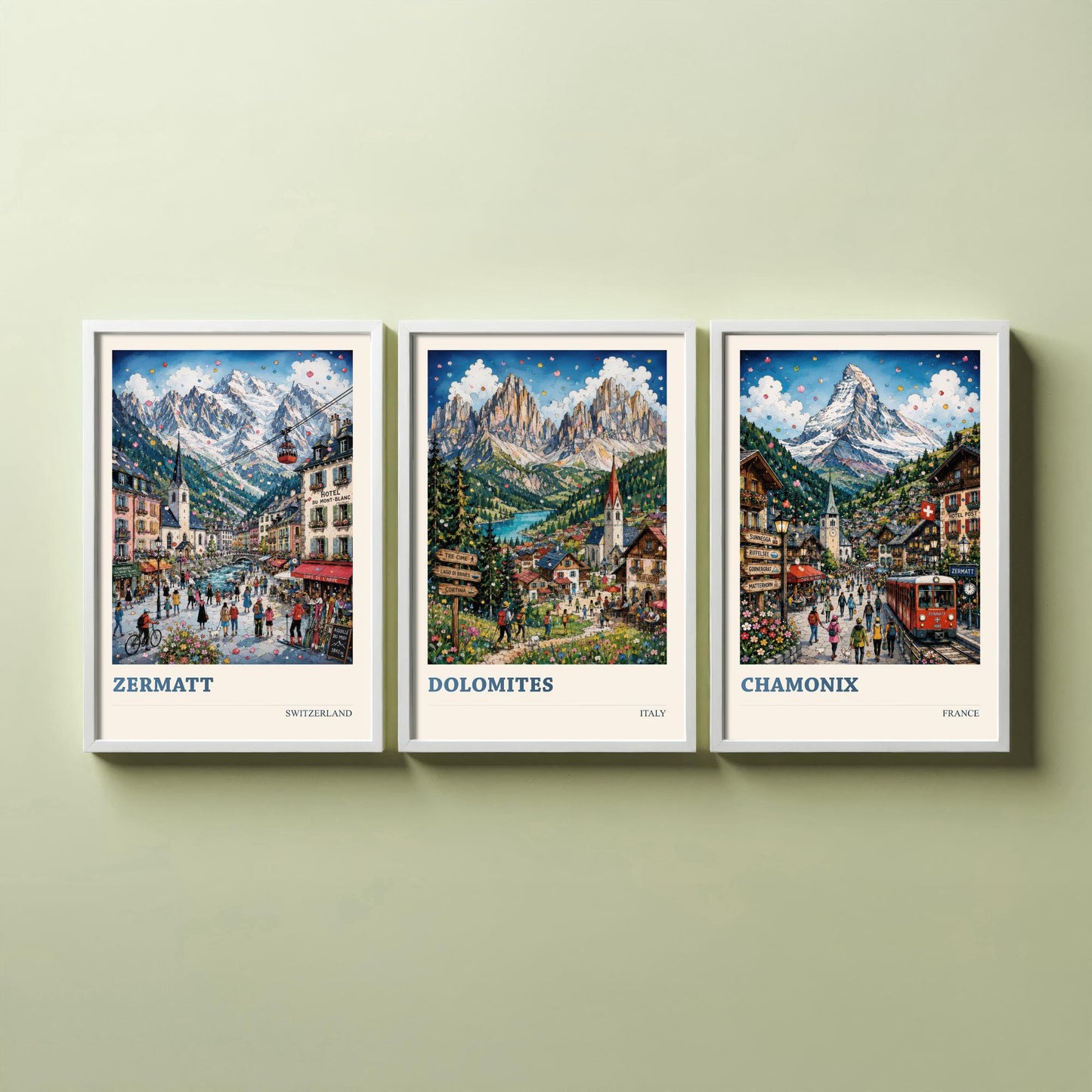 Alpine Peaks of Europe Set of Three Travel Posters - Zermatt, Dolomites, Chamonix - 3 Art Prints Painting Gift Switzerland Italy France