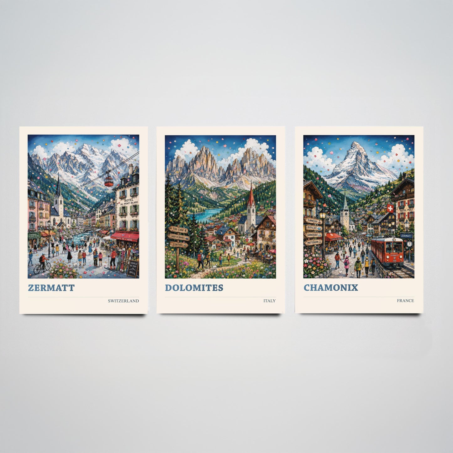 Alpine Peaks of Europe Set of Three Travel Posters - Zermatt, Dolomites, Chamonix - 3 Art Prints Painting Gift Switzerland Italy France