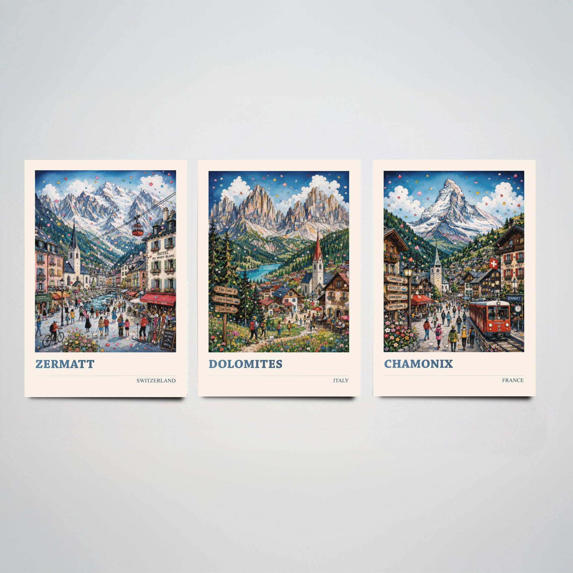 Alpine Peaks of Europe Set of Three Travel Posters - Zermatt, Dolomites, Chamonix - 3 Art Prints Painting Gift Switzerland Italy France