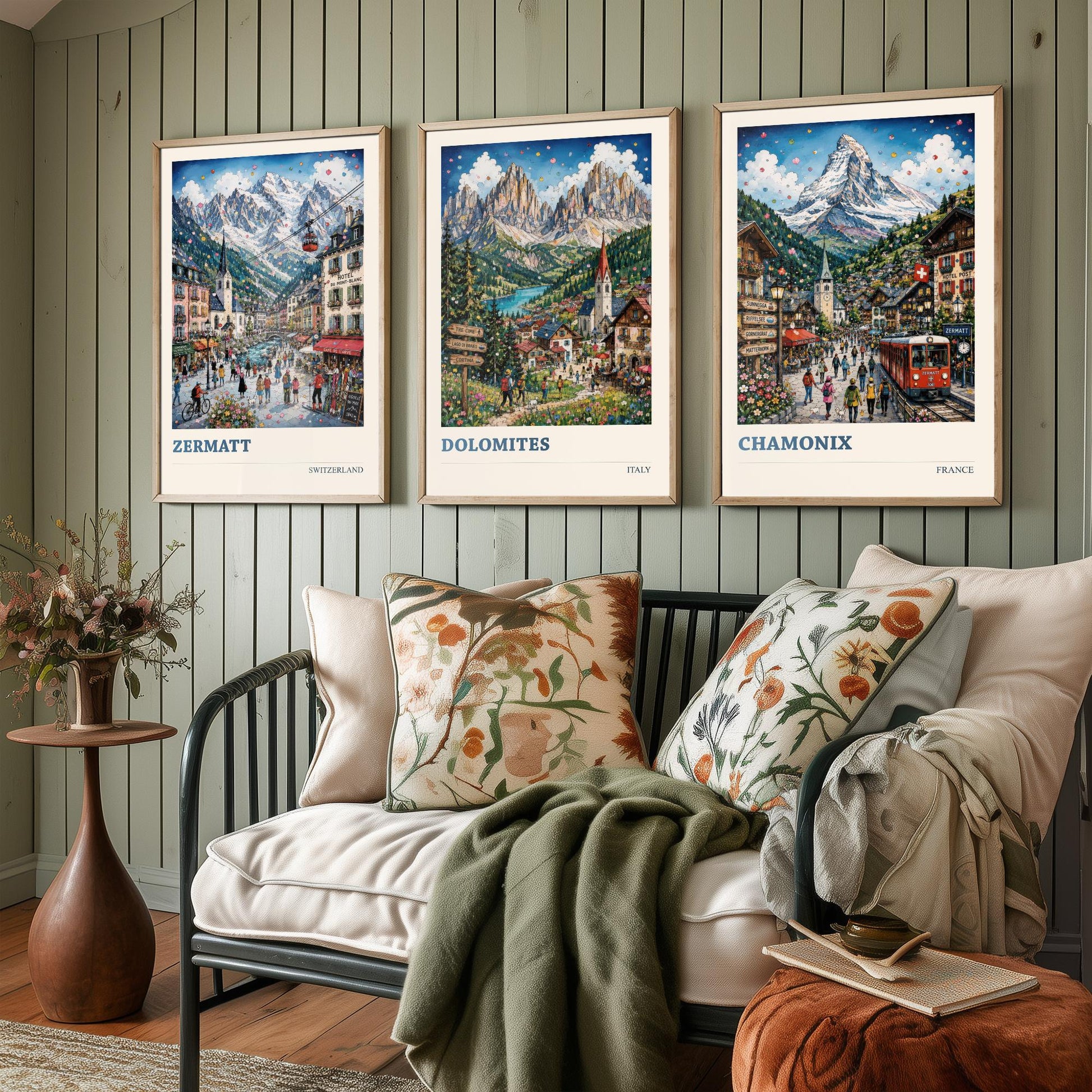 Alpine Peaks of Europe Set of Three Travel Posters - Zermatt, Dolomites, Chamonix - 3 Art Prints Painting Gift Switzerland Italy France