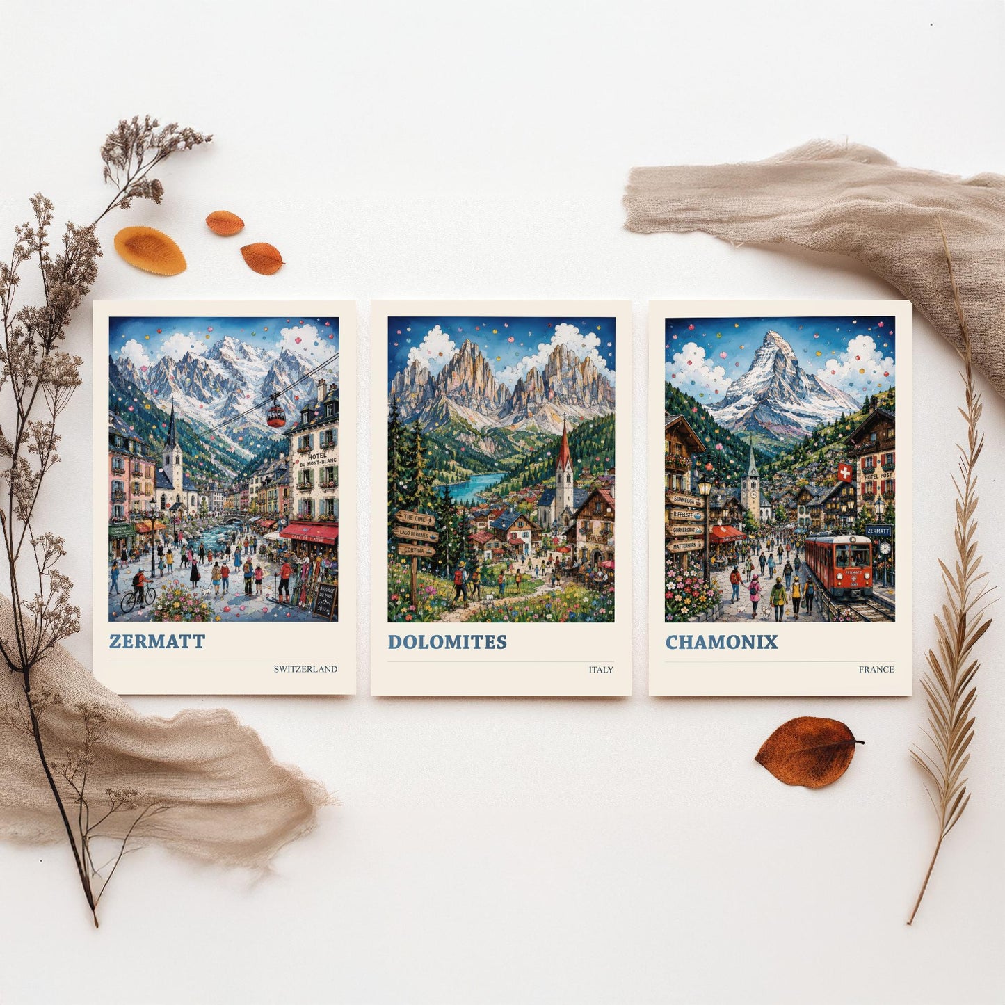 Alpine Peaks of Europe Set of Three Travel Posters - Zermatt, Dolomites, Chamonix - 3 Art Prints Painting Gift Switzerland Italy France