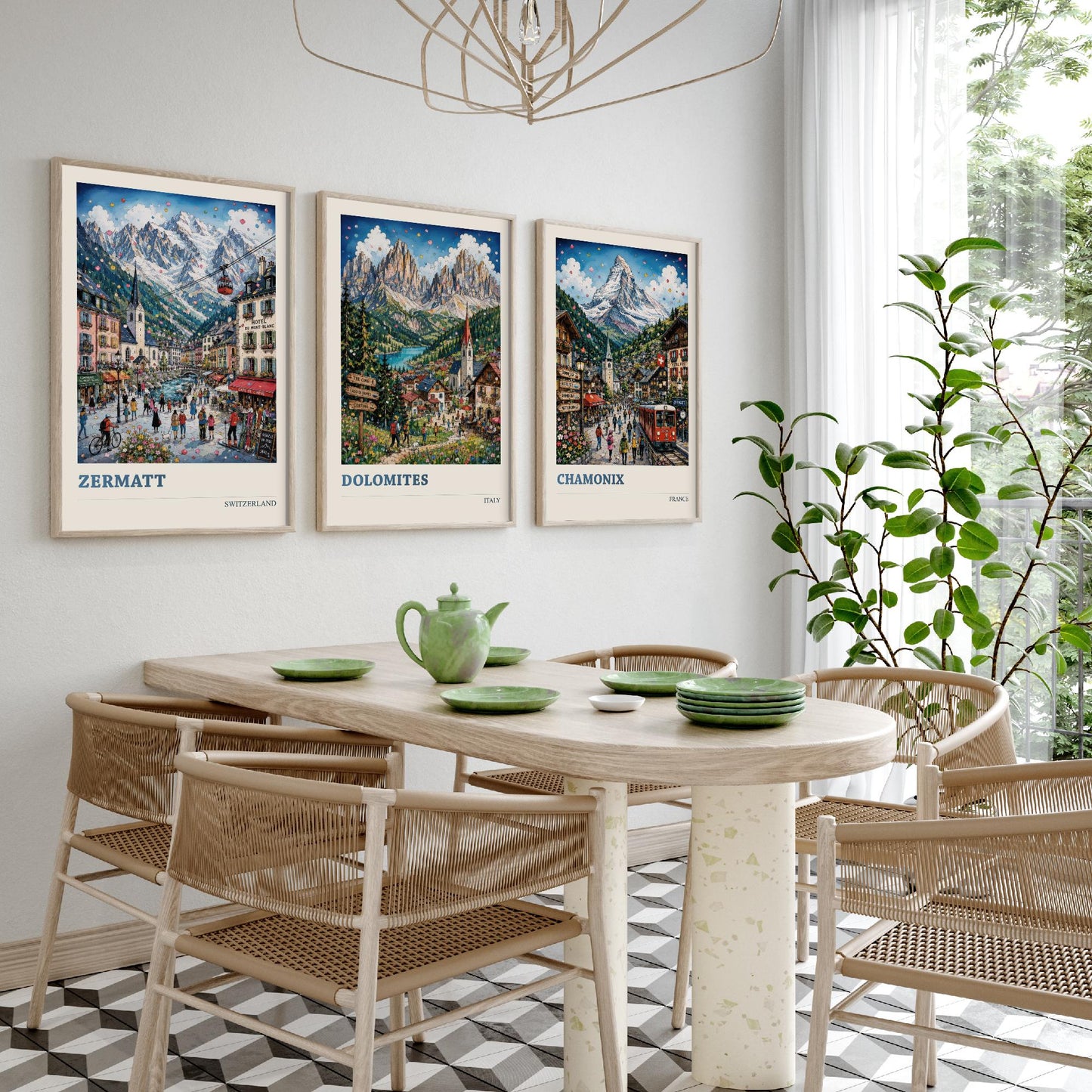 Alpine Peaks of Europe Set of Three Travel Posters - Zermatt, Dolomites, Chamonix - 3 Art Prints Painting Gift Switzerland Italy France