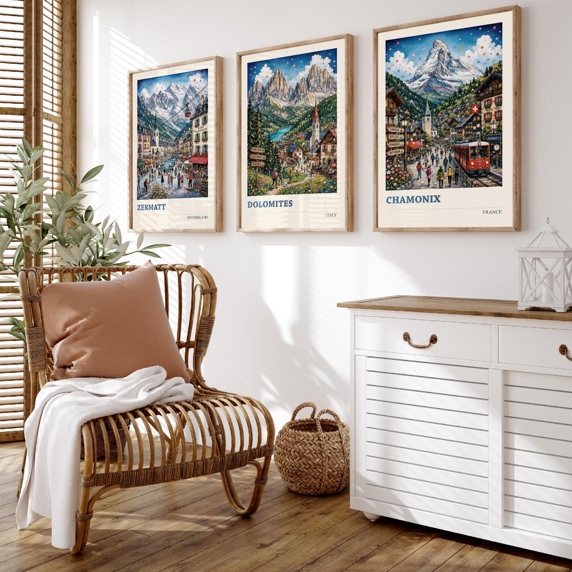 Alpine Peaks of Europe Set of Three Travel Posters - Zermatt, Dolomites, Chamonix - 3 Art Prints Painting Gift Switzerland Italy France