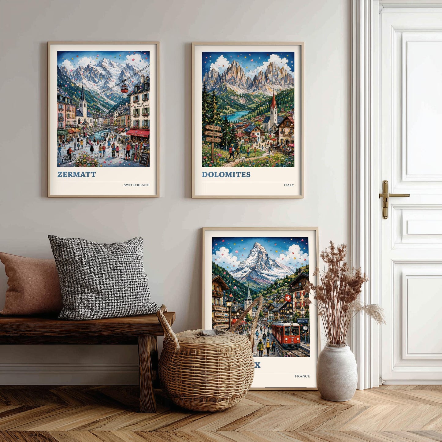 Alpine Peaks of Europe Set of Three Travel Posters - Zermatt, Dolomites, Chamonix - 3 Art Prints Painting Gift Switzerland Italy France