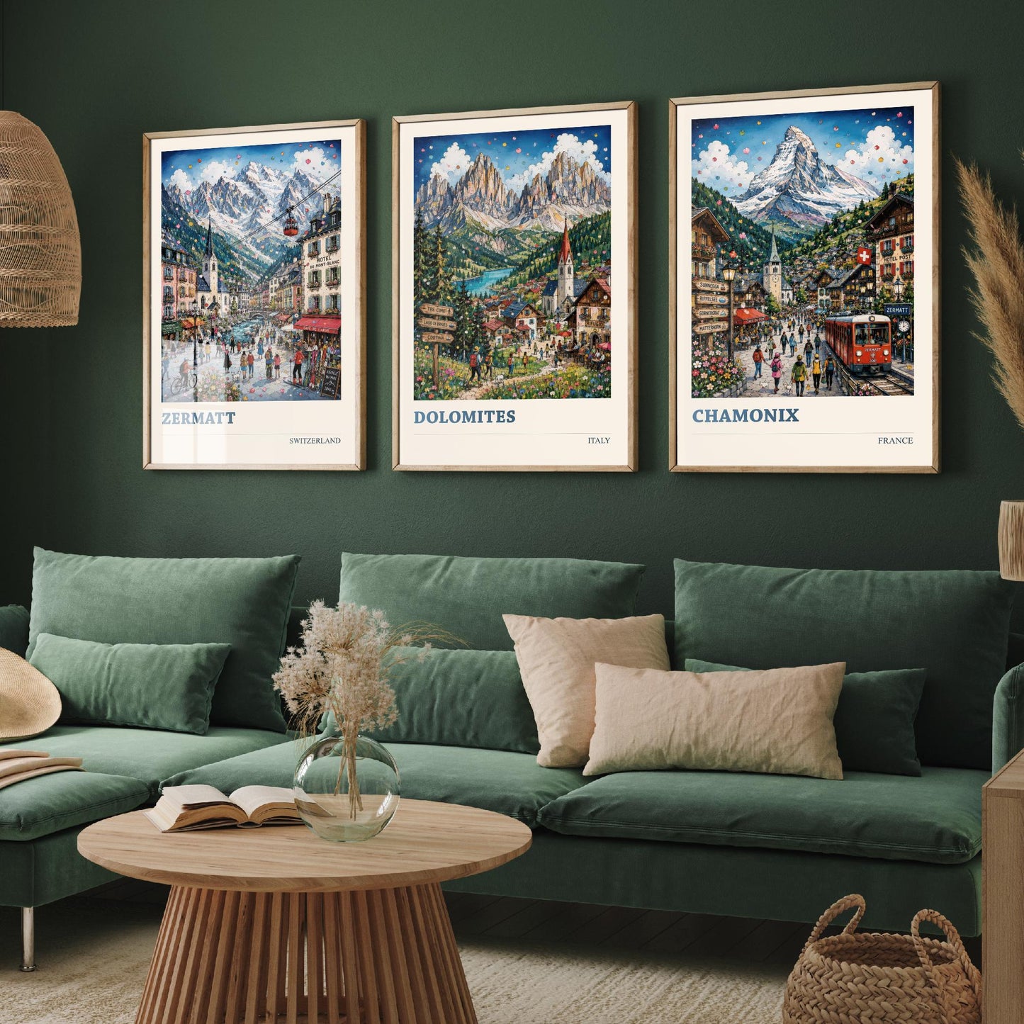 Alpine Peaks of Europe Set of Three Travel Posters - Zermatt, Dolomites, Chamonix - 3 Art Prints Painting Gift Switzerland Italy France