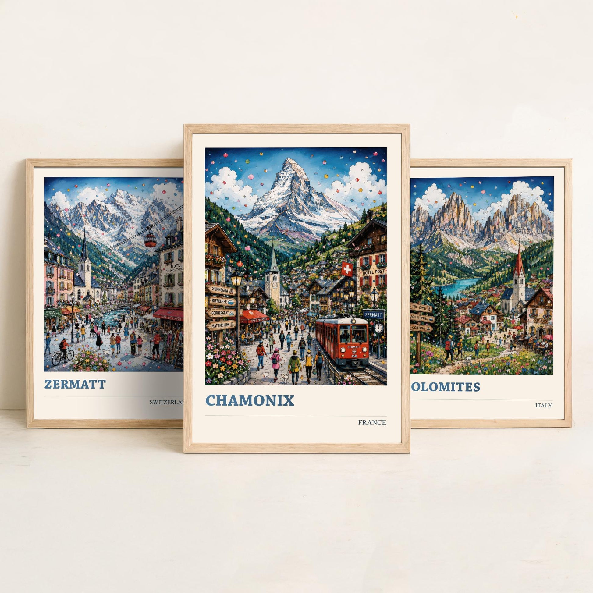 Alpine Peaks of Europe Set of Three Travel Posters - Zermatt, Dolomites, Chamonix - 3 Art Prints Painting Gift Switzerland Italy France