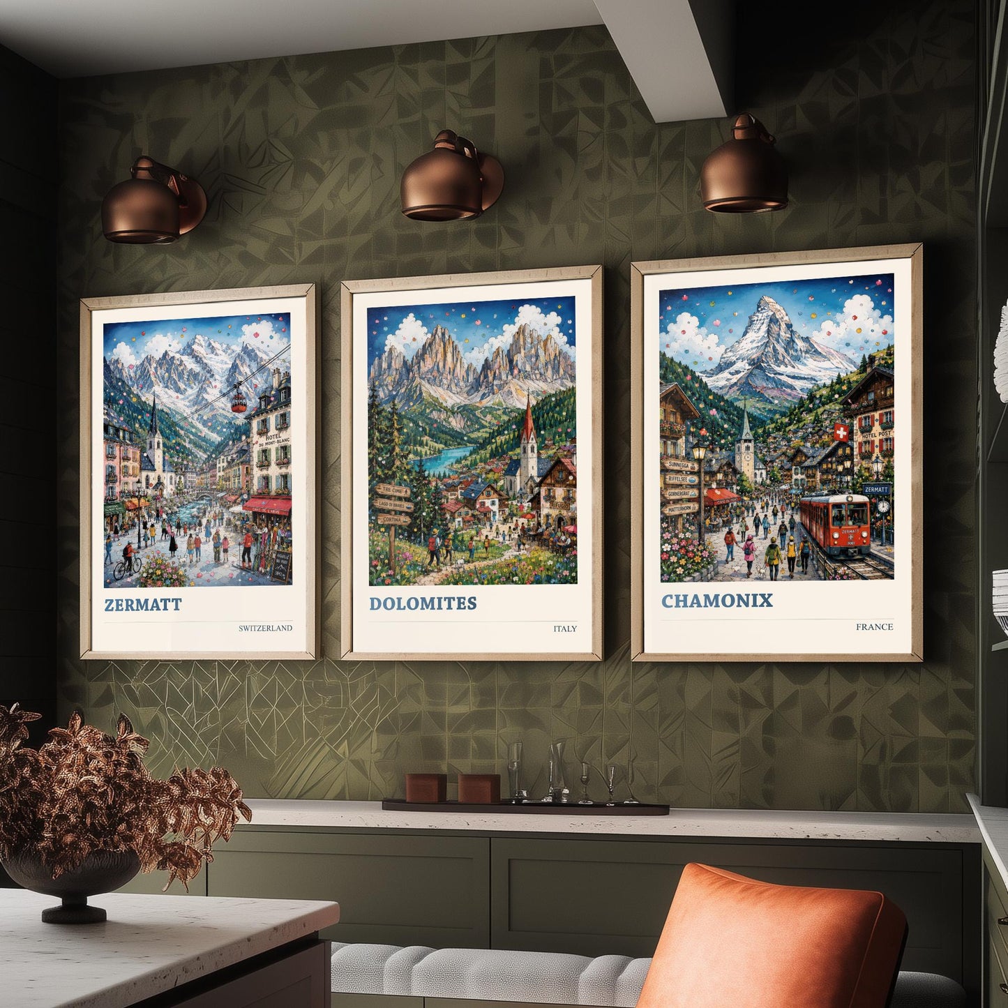 Alpine Peaks of Europe Set of Three Travel Posters - Zermatt, Dolomites, Chamonix - 3 Art Prints Painting Gift Switzerland Italy France