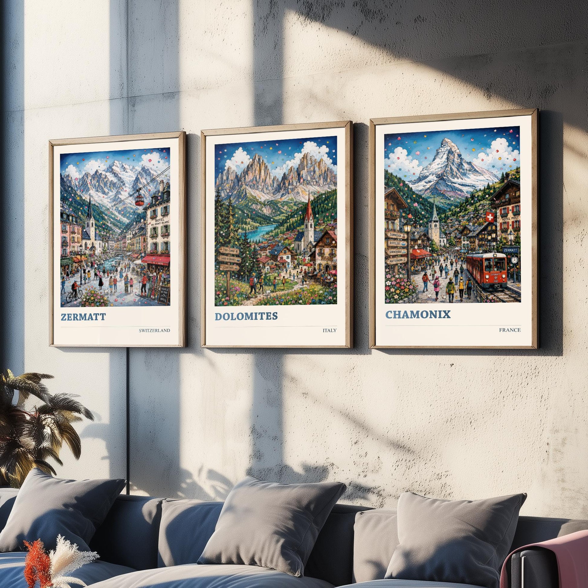 Alpine Peaks of Europe Set of Three Travel Posters - Zermatt, Dolomites, Chamonix - 3 Art Prints Painting Gift Switzerland Italy France