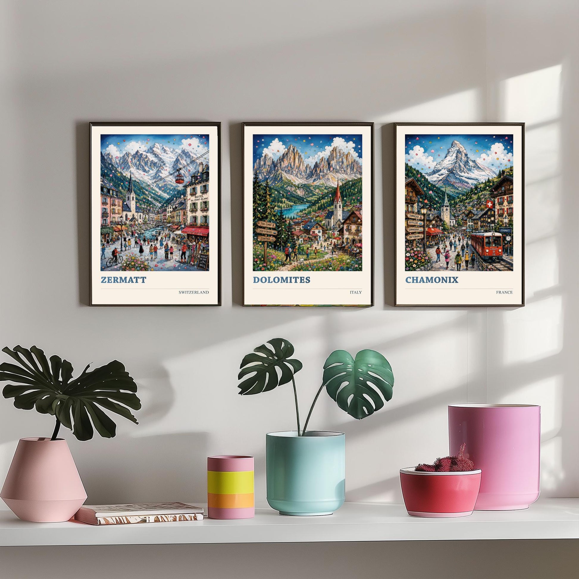 Alpine Peaks of Europe Set of Three Travel Posters - Zermatt, Dolomites, Chamonix - 3 Art Prints Painting Gift Switzerland Italy France