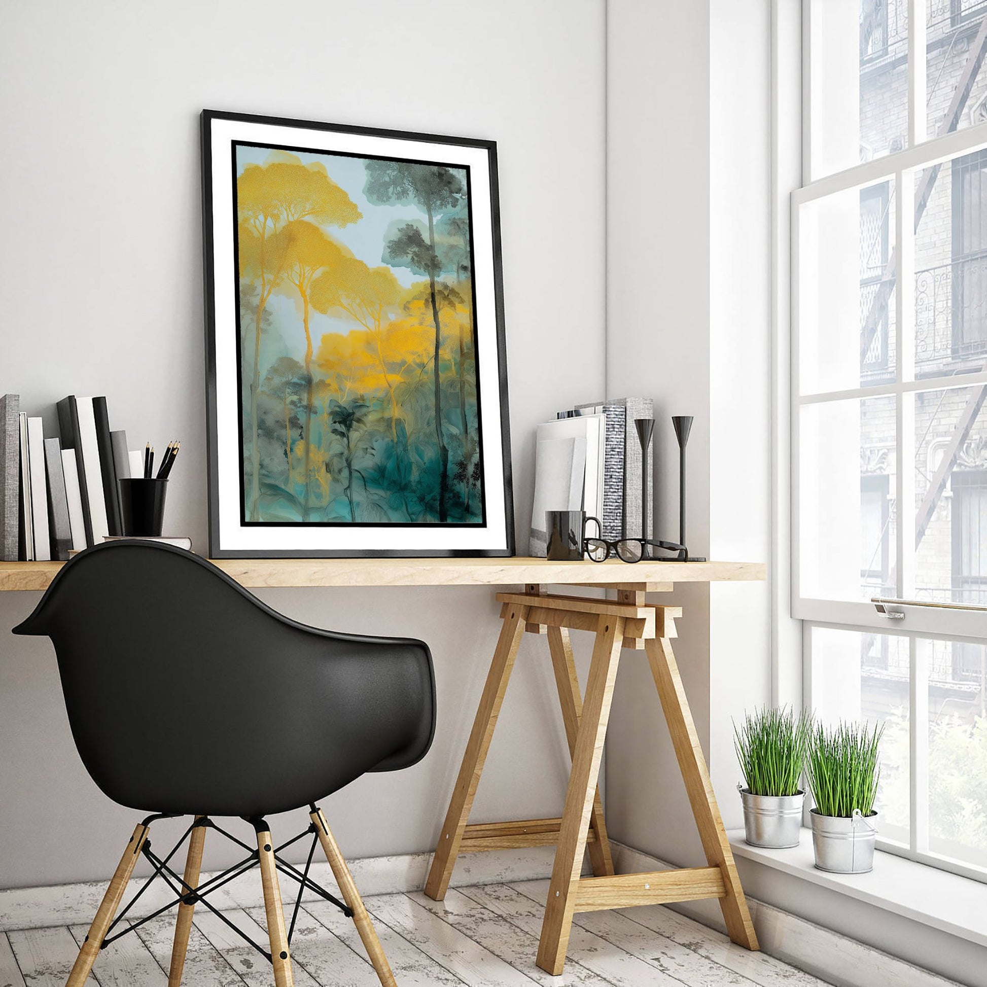 Amazon Rainforest Watercolour Art Print - Golden Jungle Painting - Teal and Yellow Nature Wall Art - Forest Poster 3/3