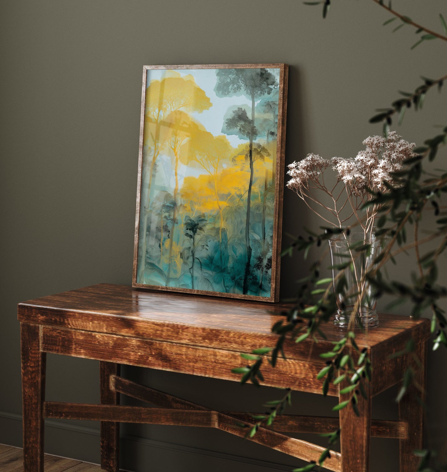 Amazon Rainforest Watercolour Art Print - Golden Jungle Painting - Teal and Yellow Nature Wall Art - Forest Poster 3/3