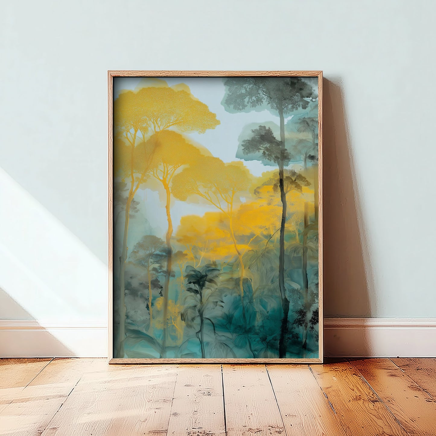 Amazon Rainforest Watercolour Art Print - Golden Jungle Painting - Teal and Yellow Nature Wall Art - Forest Poster 3/3