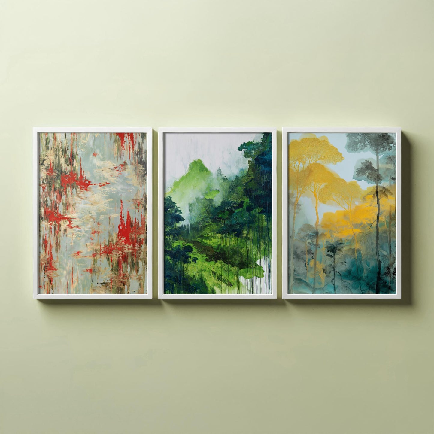 Amazon Rainforest Set of Three Art Prints - 3 Abstract Watercolour Jungle Posters - Red Green Gold Botanical Painting Wall Decor