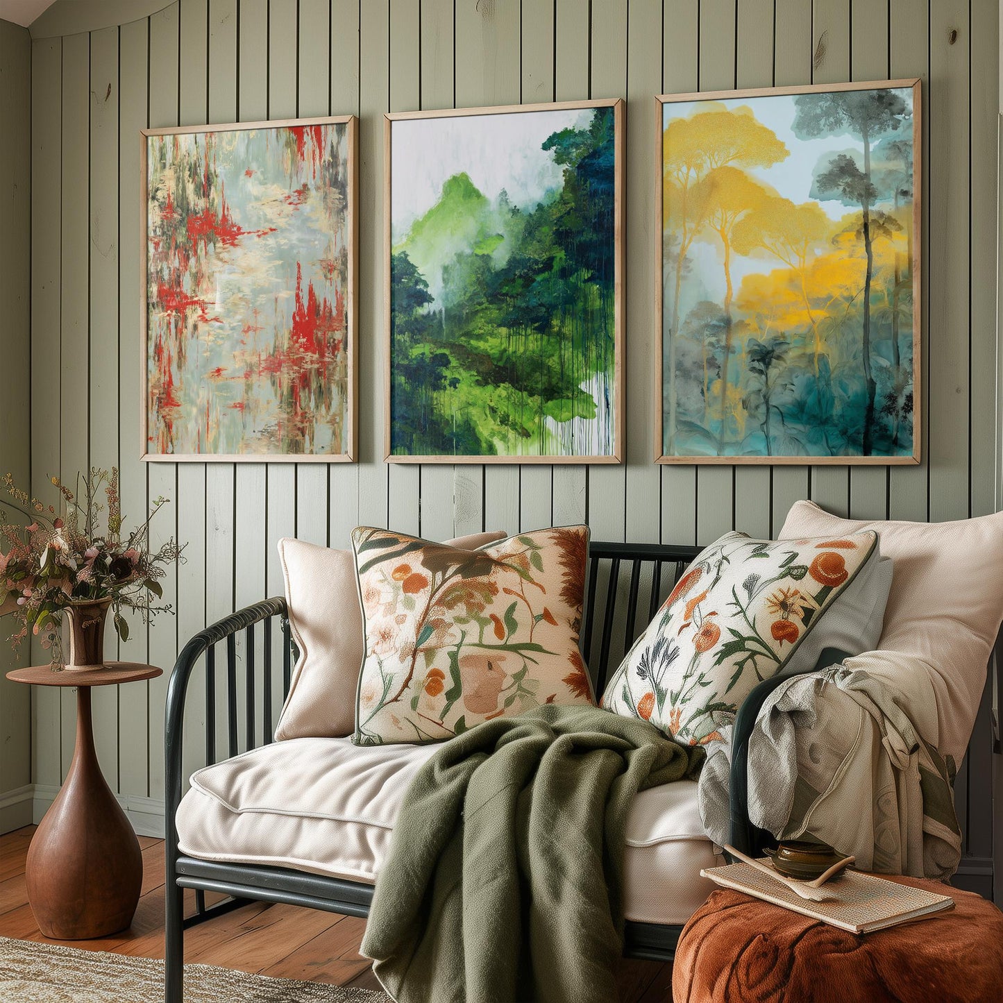 Amazon Rainforest Set of Three Art Prints - 3 Abstract Watercolour Jungle Posters - Red Green Gold Botanical Painting Wall Decor