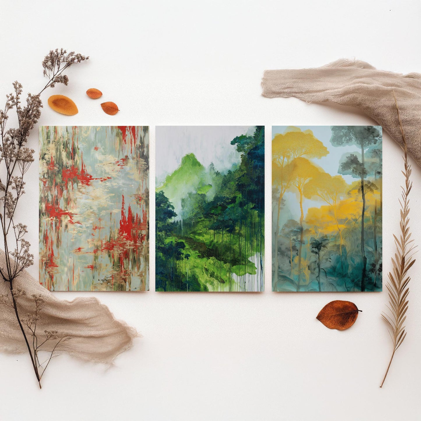 Amazon Rainforest Set of Three Art Prints - 3 Abstract Watercolour Jungle Posters - Red Green Gold Botanical Painting Wall Decor
