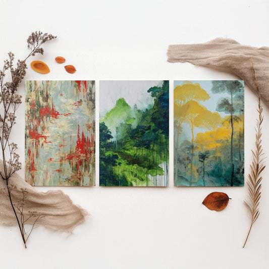 Amazon Rainforest Set of Three Art Prints - 3 Abstract Watercolour Jungle Posters - Red Green Gold Botanical Painting Wall Decor