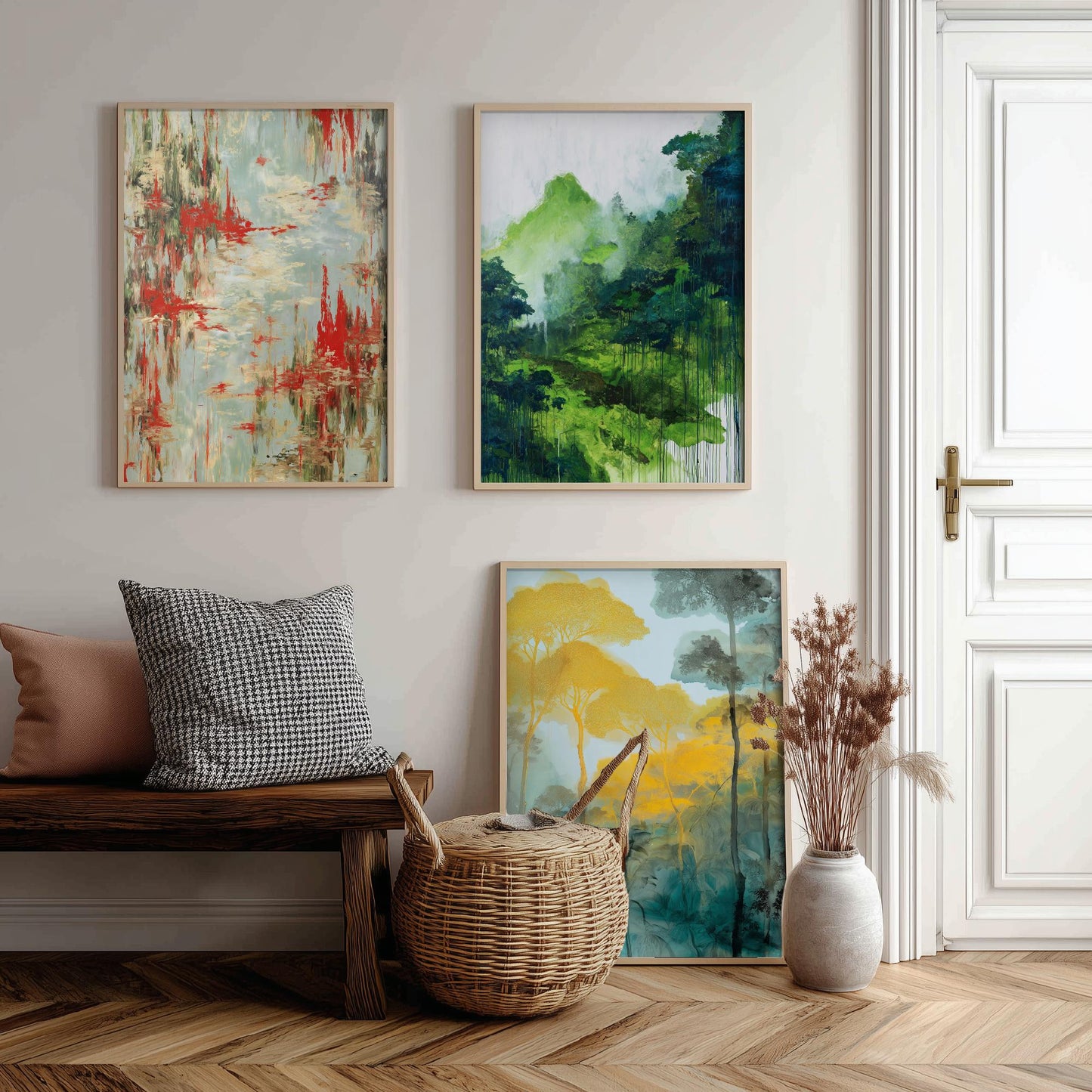 Amazon Rainforest Set of Three Art Prints - 3 Abstract Watercolour Jungle Posters - Red Green Gold Botanical Painting Wall Decor