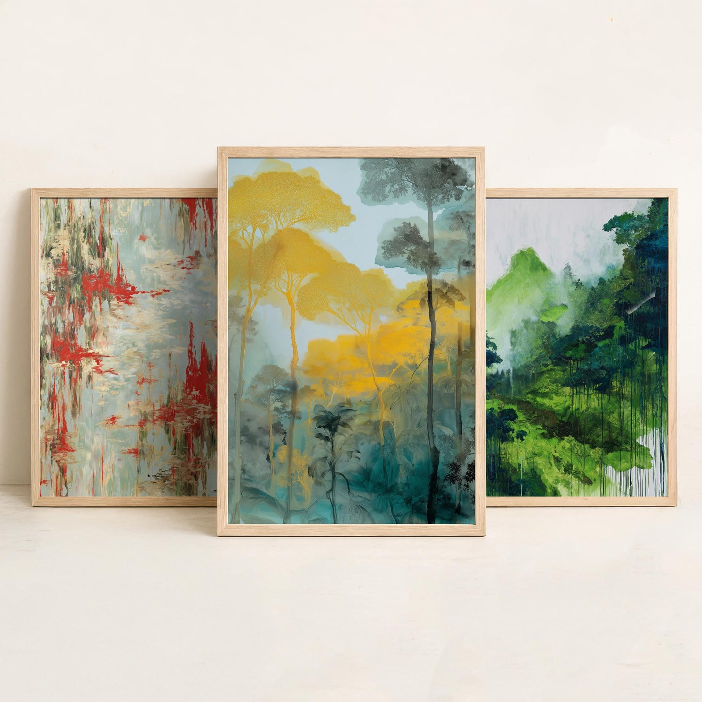 Amazon Rainforest Set of Three Art Prints - 3 Abstract Watercolour Jungle Posters - Red Green Gold Botanical Painting Wall Decor