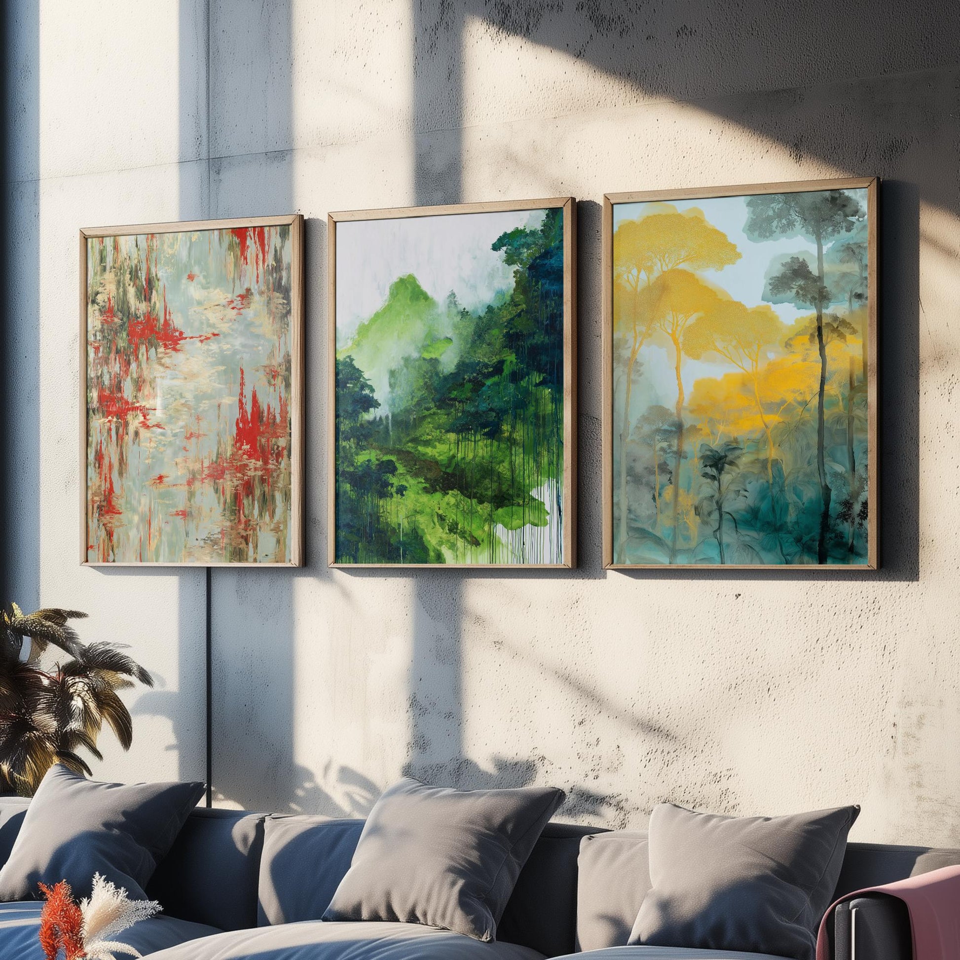 Amazon Rainforest Set of Three Art Prints - 3 Abstract Watercolour Jungle Posters - Red Green Gold Botanical Painting Wall Decor
