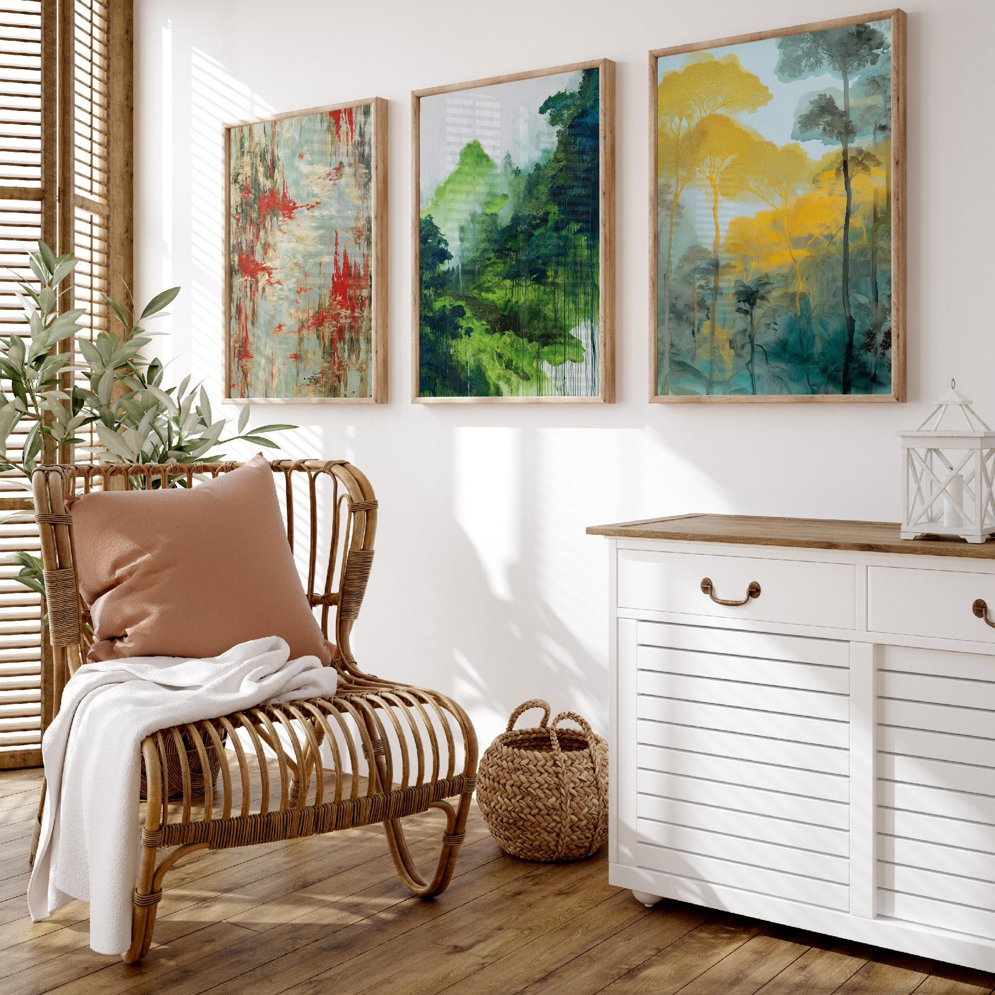 Amazon Rainforest Set of Three Art Prints - 3 Abstract Watercolour Jungle Posters - Red Green Gold Botanical Painting Wall Decor