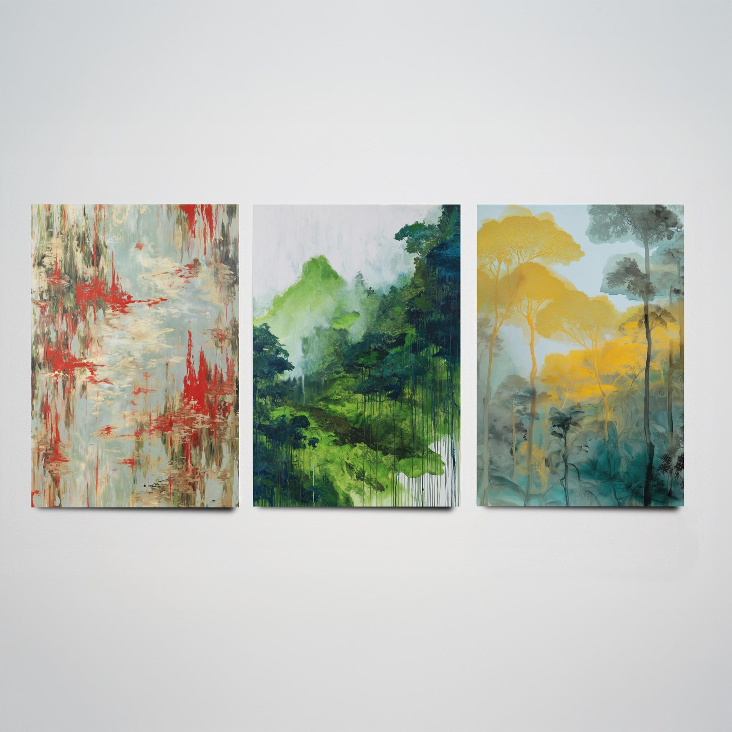 Amazon Rainforest Set of Three Art Prints - 3 Abstract Watercolour Jungle Posters - Red Green Gold Botanical Painting Wall Decor
