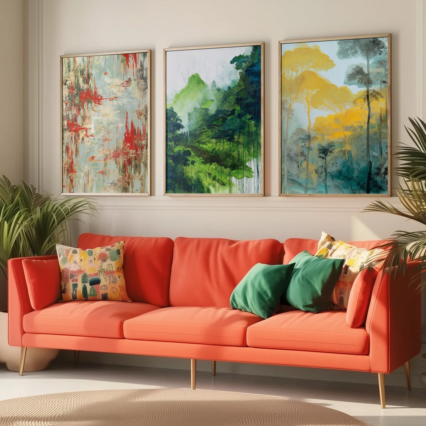 Amazon Rainforest Set of Three Art Prints - 3 Abstract Watercolour Jungle Posters - Red Green Gold Botanical Painting Wall Decor