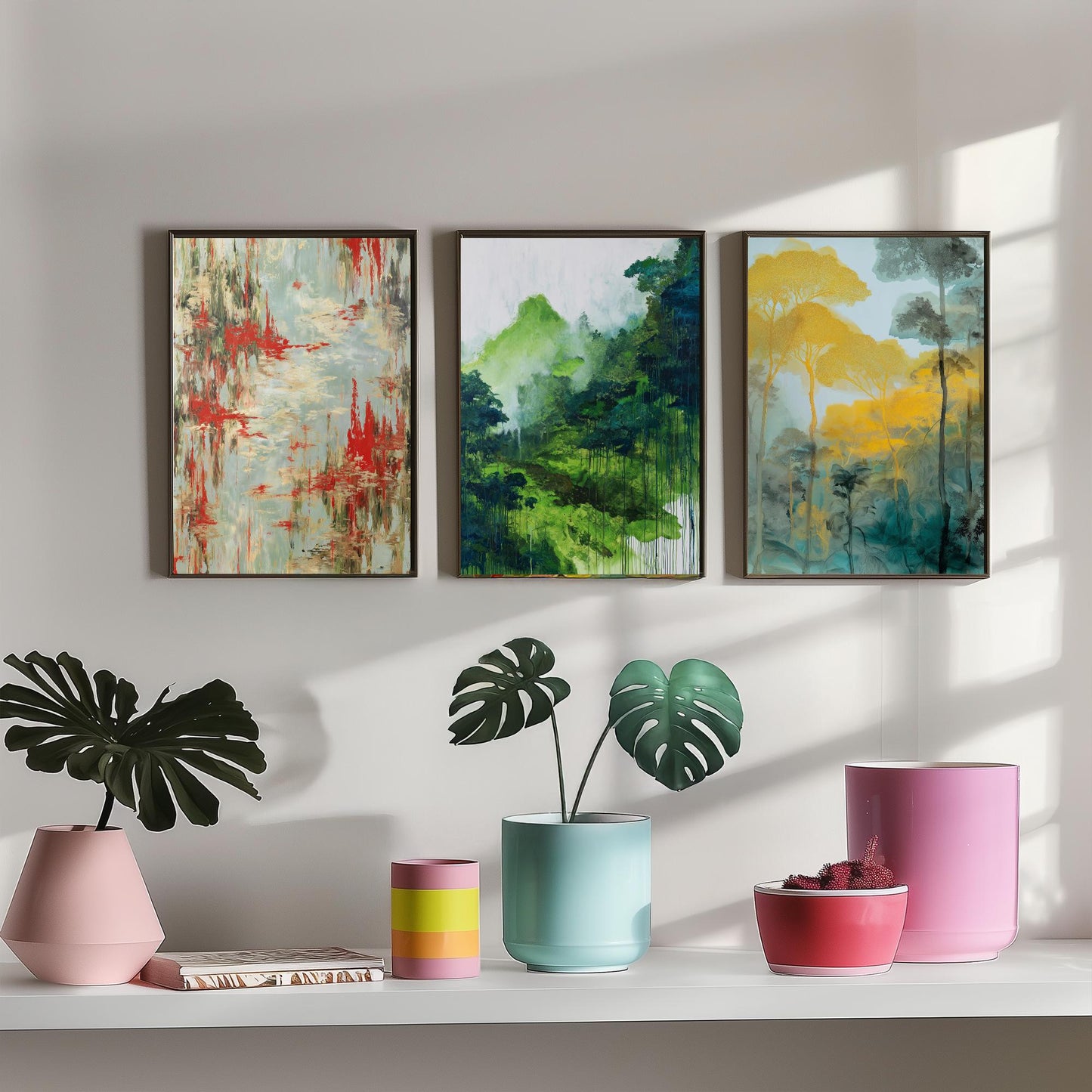 Amazon Rainforest Set of Three Art Prints - 3 Abstract Watercolour Jungle Posters - Red Green Gold Botanical Painting Wall Decor