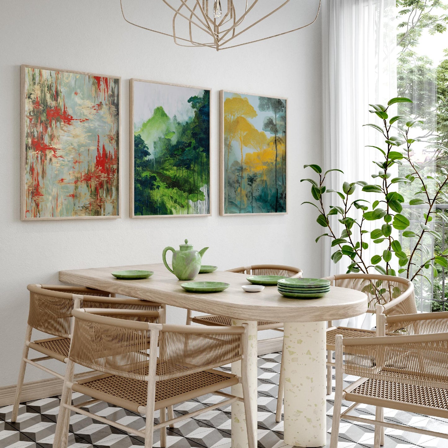 Amazon Rainforest Set of Three Art Prints - 3 Abstract Watercolour Jungle Posters - Red Green Gold Botanical Painting Wall Decor