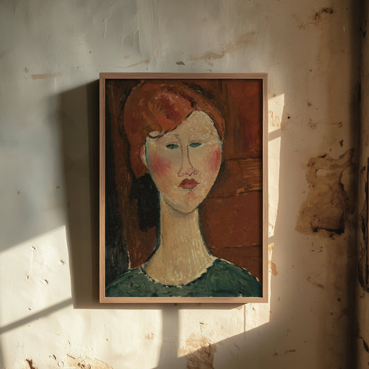 Amedeo Modigliani - Portrait of a Woman with Red Hair (1917) - Classic Painting Art Print - Elongated Face Green Dress Modernist Poster