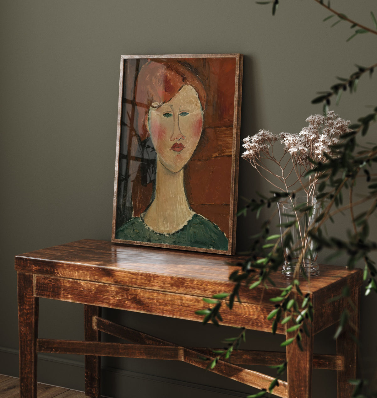 Amedeo Modigliani - Portrait of a Woman with Red Hair (1917) - Classic Painting Art Print - Elongated Face Green Dress Modernist Poster