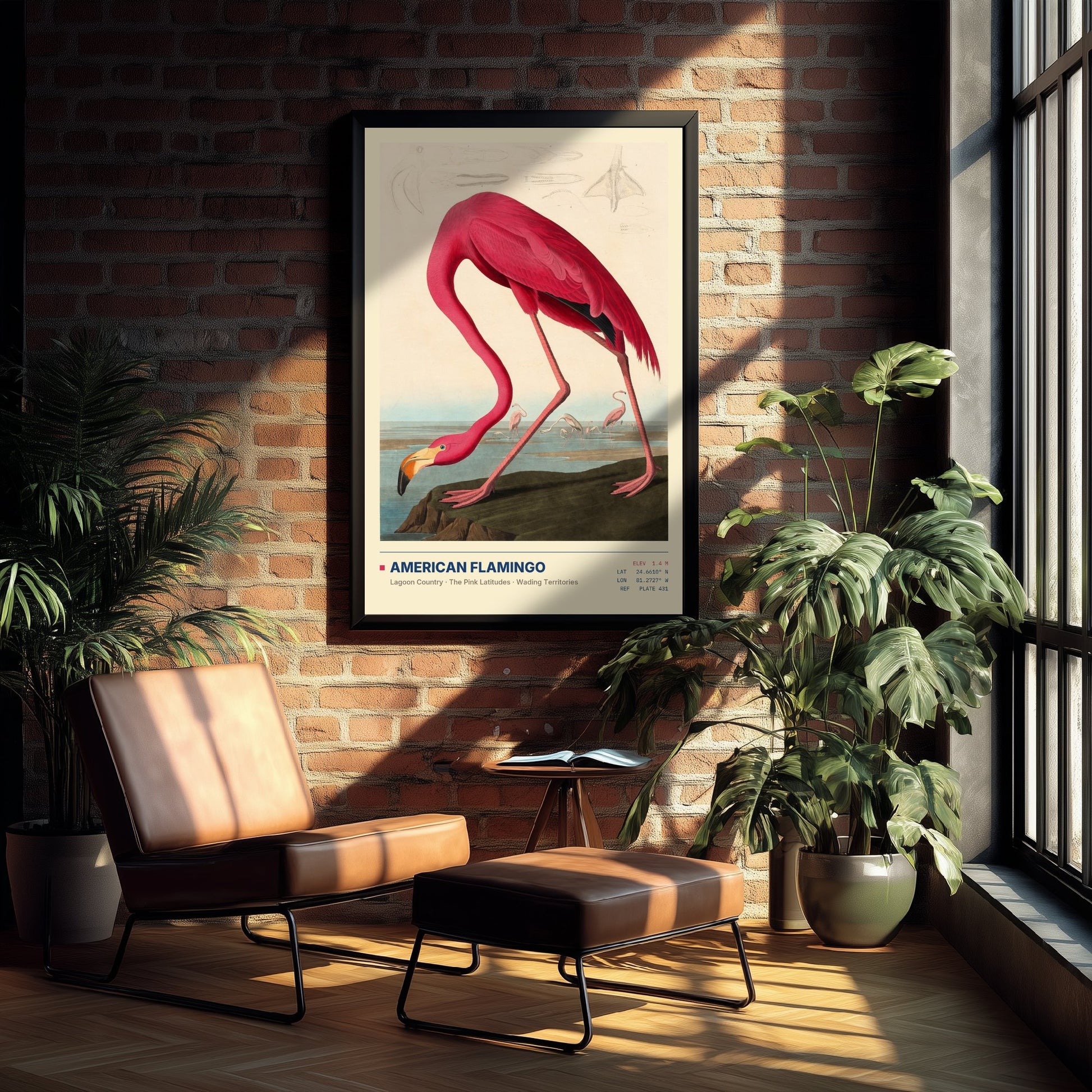 American Flamingo Art Print - Audubon Style Bird Illustration - Vintage Natural History Poster - Pink Wall Art