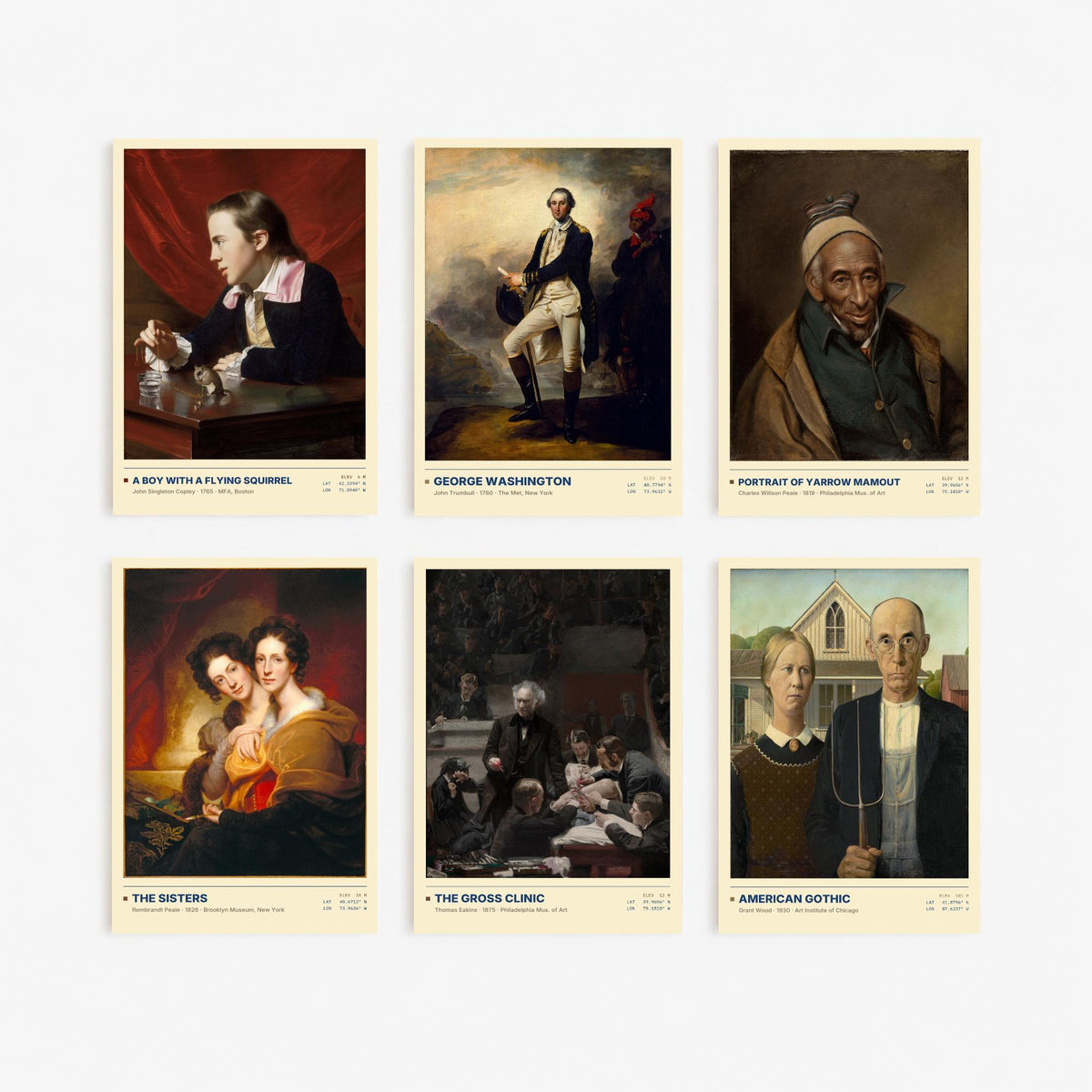 Set of Six American Portrait Paintings - 6 US History Art Prints - Copley, Trumbull, Peale, Eakins, Wood - American Gothic Poster