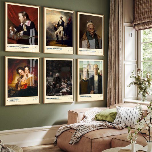 Set of Six American Portrait Paintings - 6 US History Art Prints - Copley, Trumbull, Peale, Eakins, Wood - American Gothic Poster