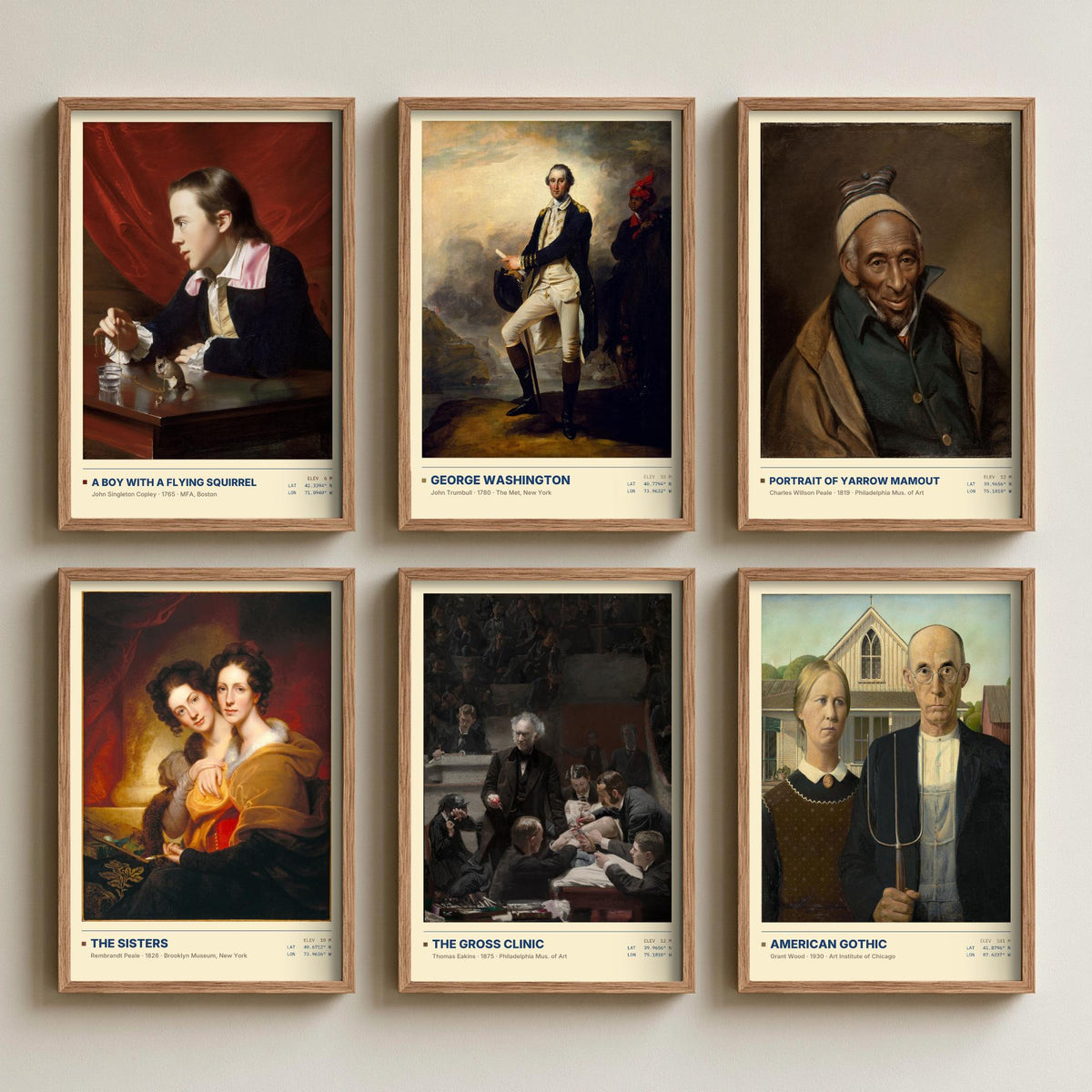 Set of Six American Portrait Paintings - 6 US History Art Prints - Copley, Trumbull, Peale, Eakins, Wood - American Gothic Poster
