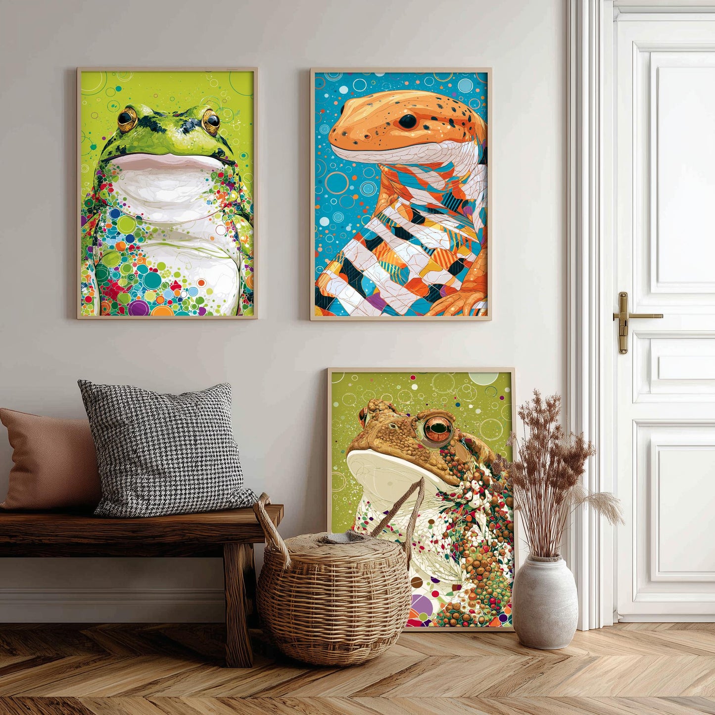 Amphibians Set of Three Art Prints - Frog, Salamander, Toad - Colourful Animal Wall Art Poster Painting Gift Nature Decor