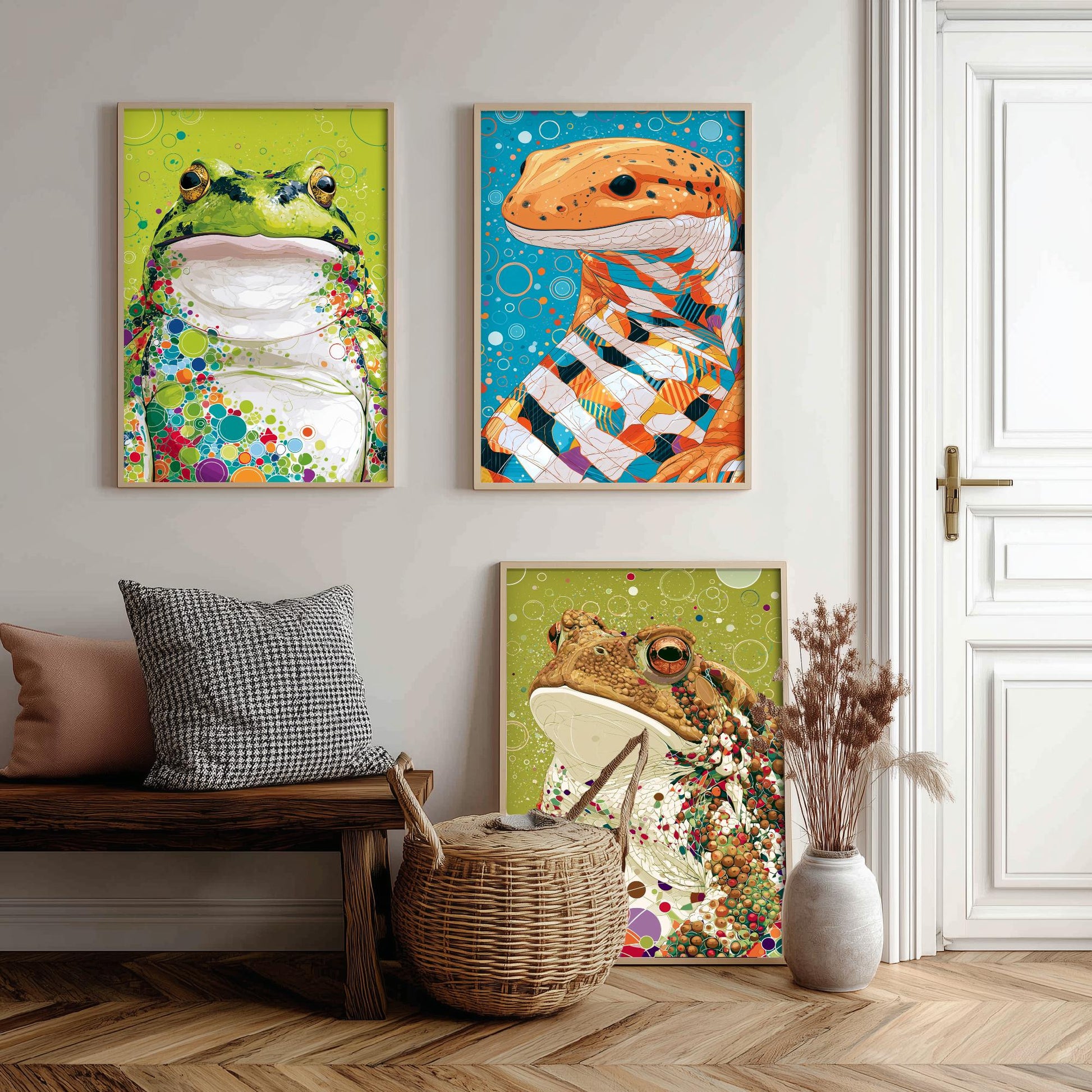 Amphibians Set of Three Art Prints - Frog, Salamander, Toad - Colourful Animal Wall Art Poster Painting Gift Nature Decor