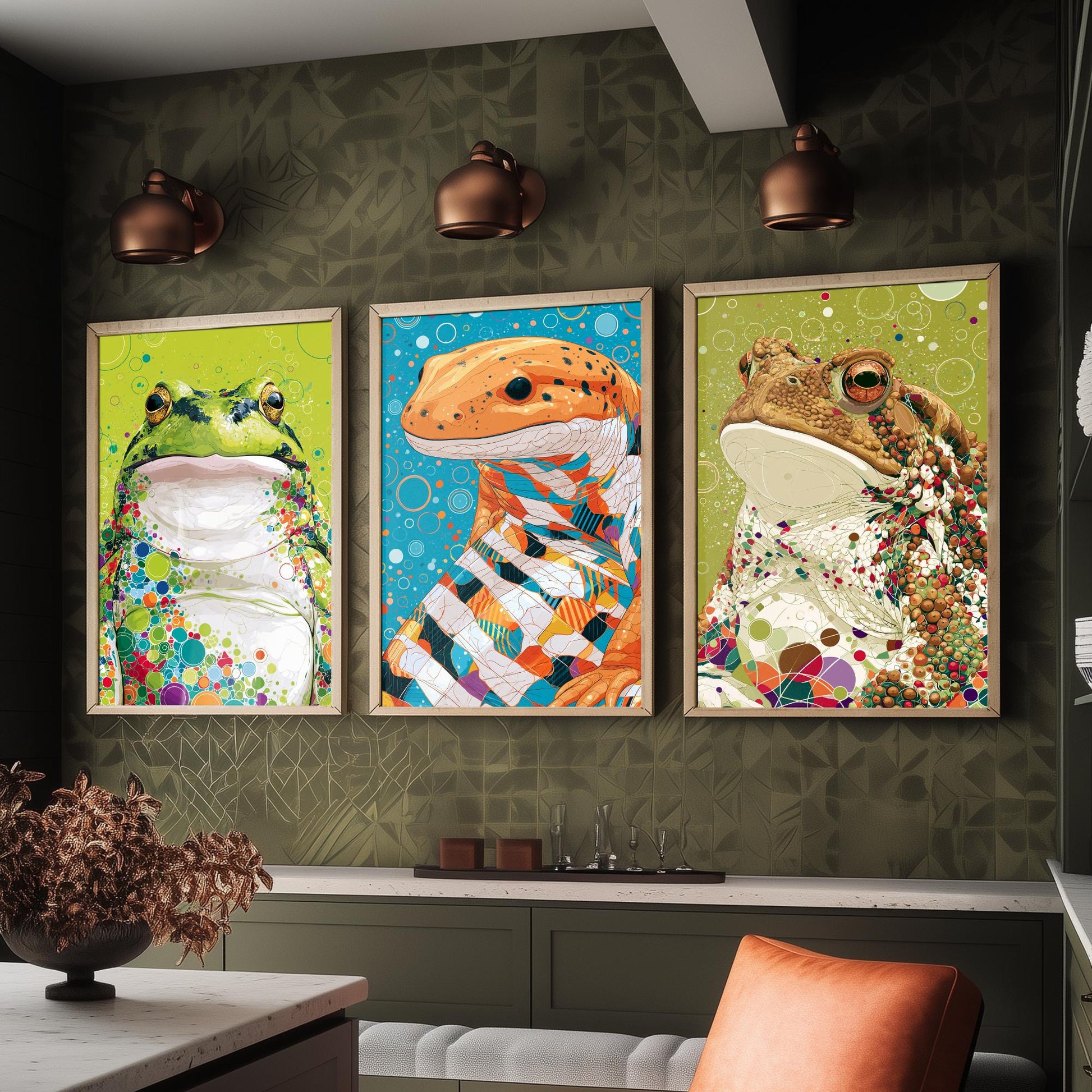 Amphibians Set of Three Art Prints - Frog, Salamander, Toad - Colourful Animal Wall Art Poster Painting Gift Nature Decor