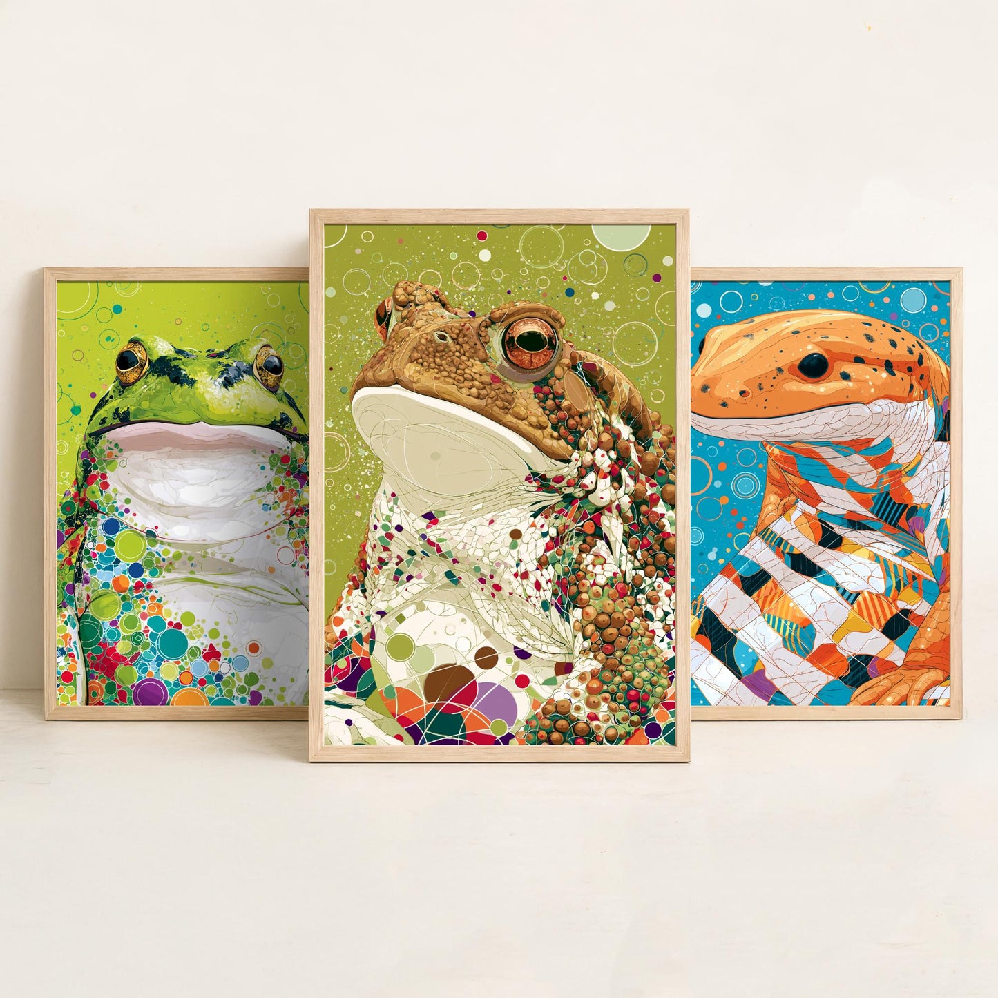 Amphibians Set of Three Art Prints - Frog, Salamander, Toad - Colourful Animal Wall Art Poster Painting Gift Nature Decor