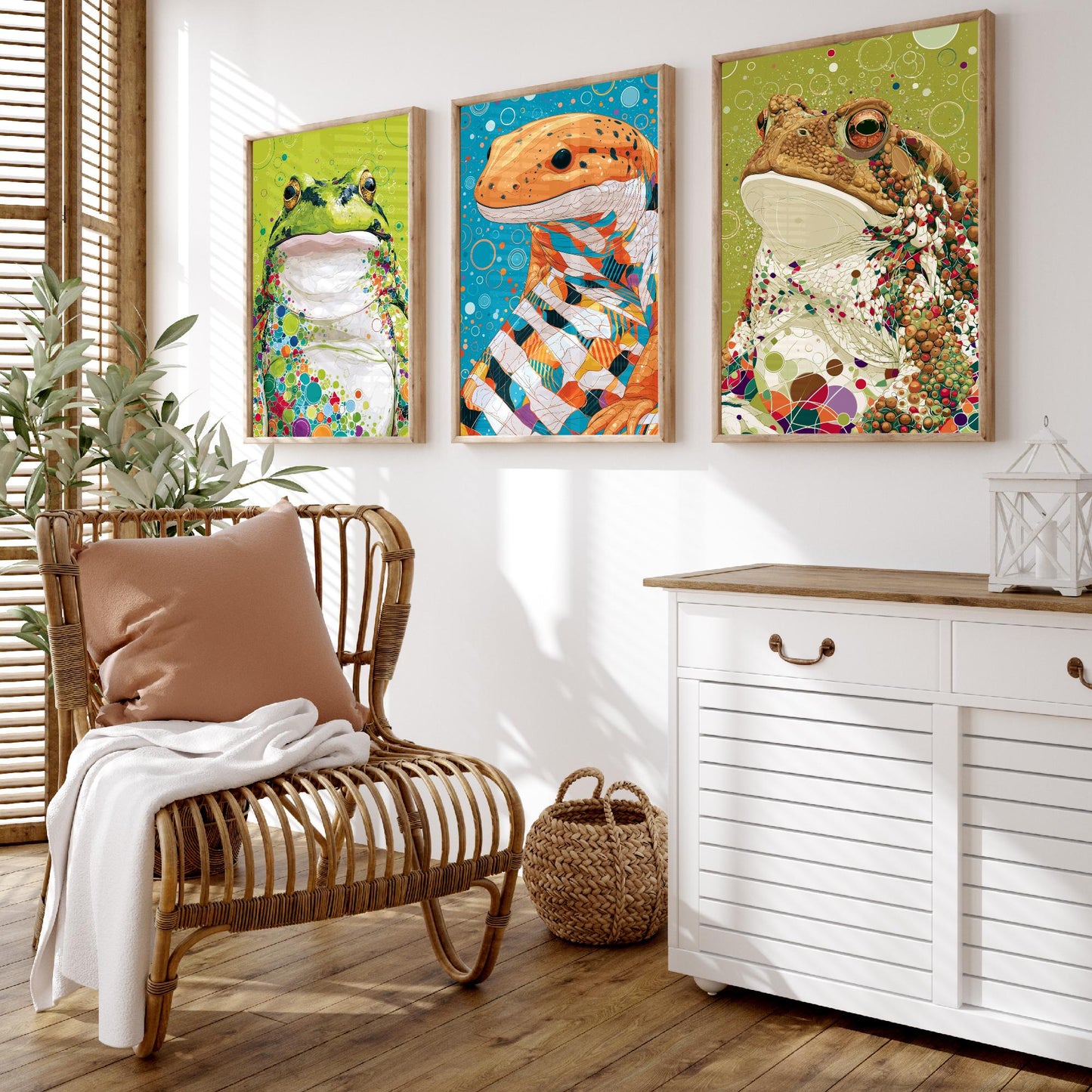 Amphibians Set of Three Art Prints - Frog, Salamander, Toad - Colourful Animal Wall Art Poster Painting Gift Nature Decor
