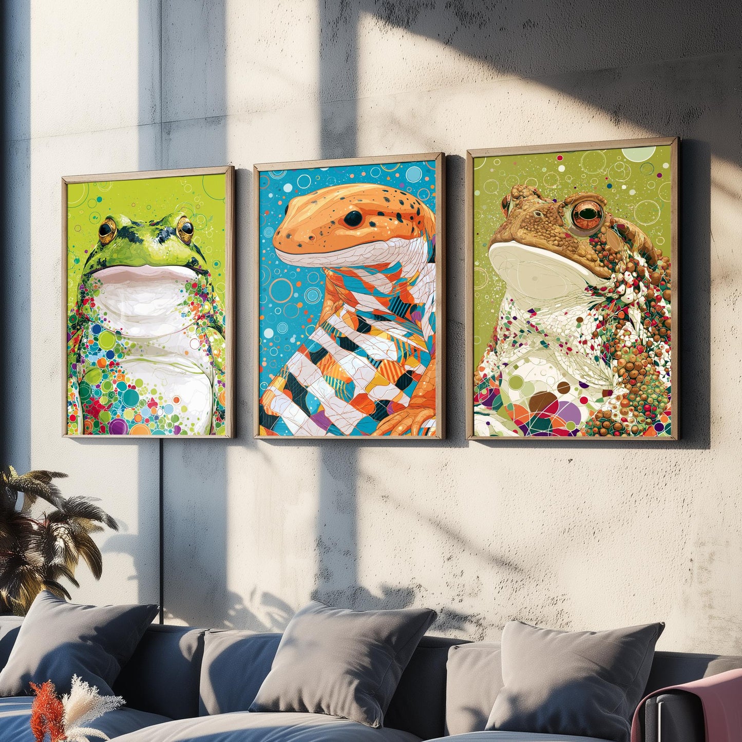 Amphibians Set of Three Art Prints - Frog, Salamander, Toad - Colourful Animal Wall Art Poster Painting Gift Nature Decor