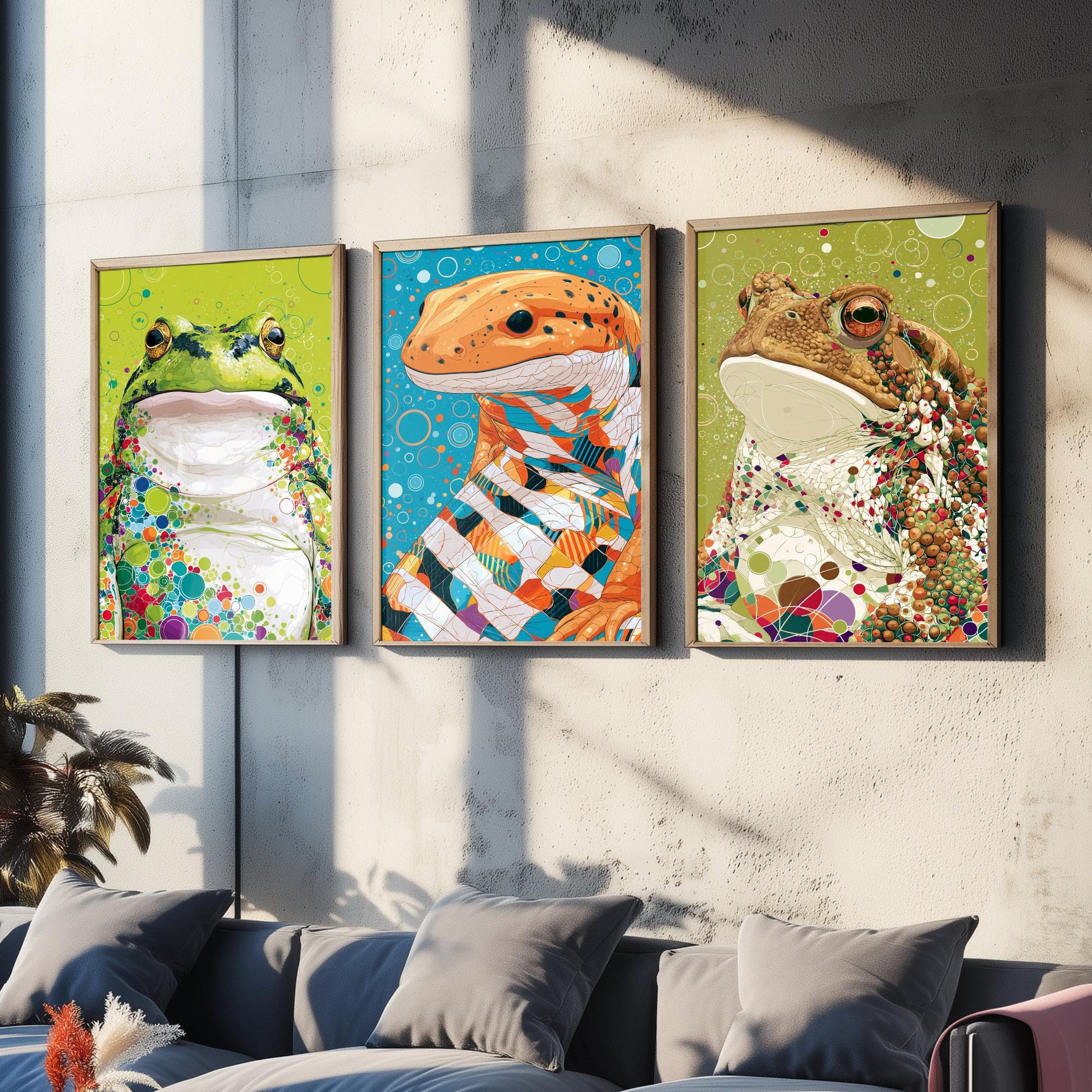 Amphibians Set of Three Art Prints - Frog, Salamander, Toad - Colourful Animal Wall Art Poster Painting Gift Nature Decor