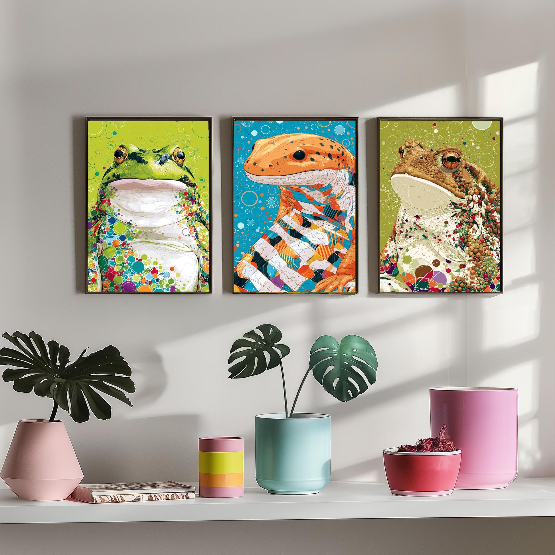 Amphibians Set of Three Art Prints - Frog, Salamander, Toad - Colourful Animal Wall Art Poster Painting Gift Nature Decor