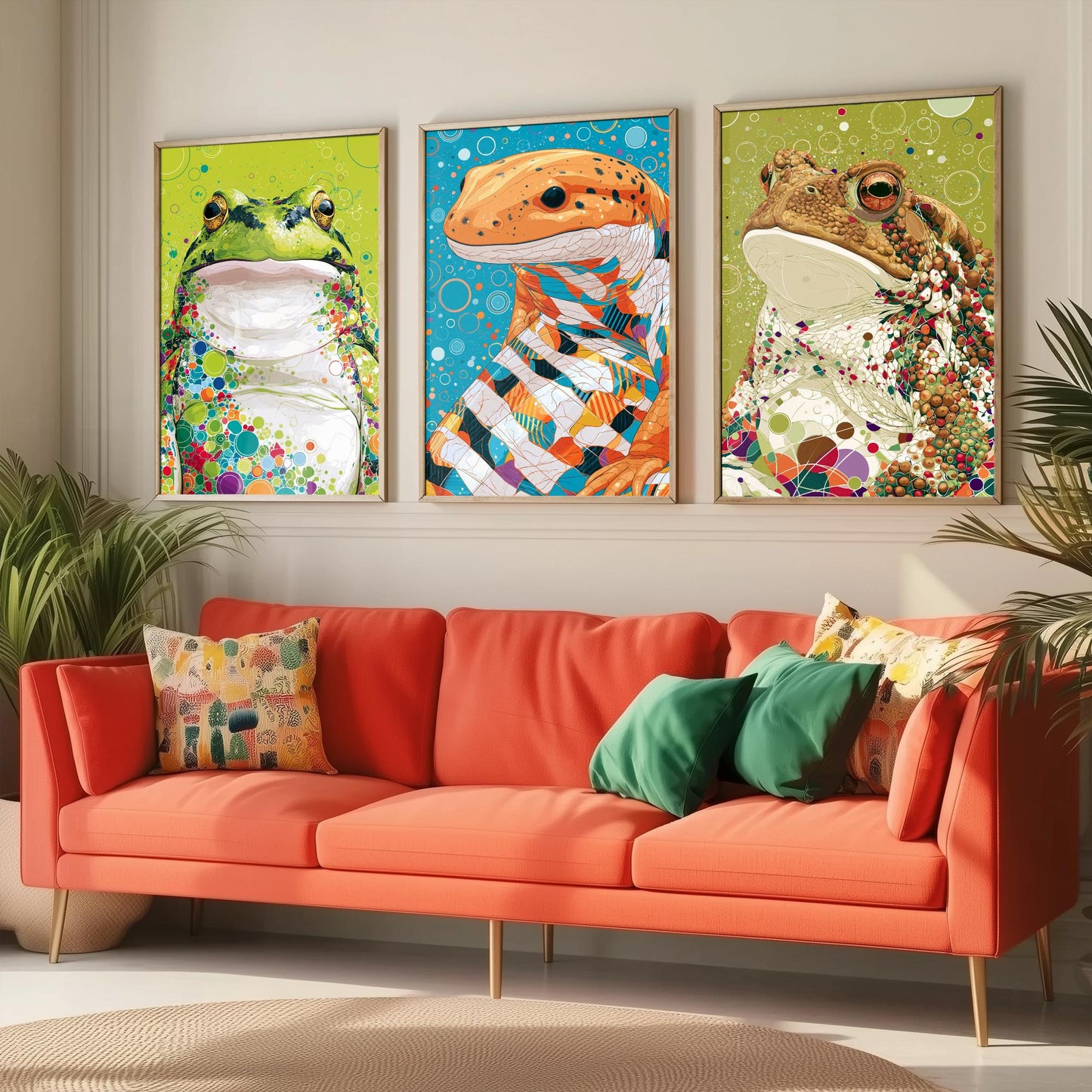 Amphibians Set of Three Art Prints - Frog, Salamander, Toad - Colourful Animal Wall Art Poster Painting Gift Nature Decor