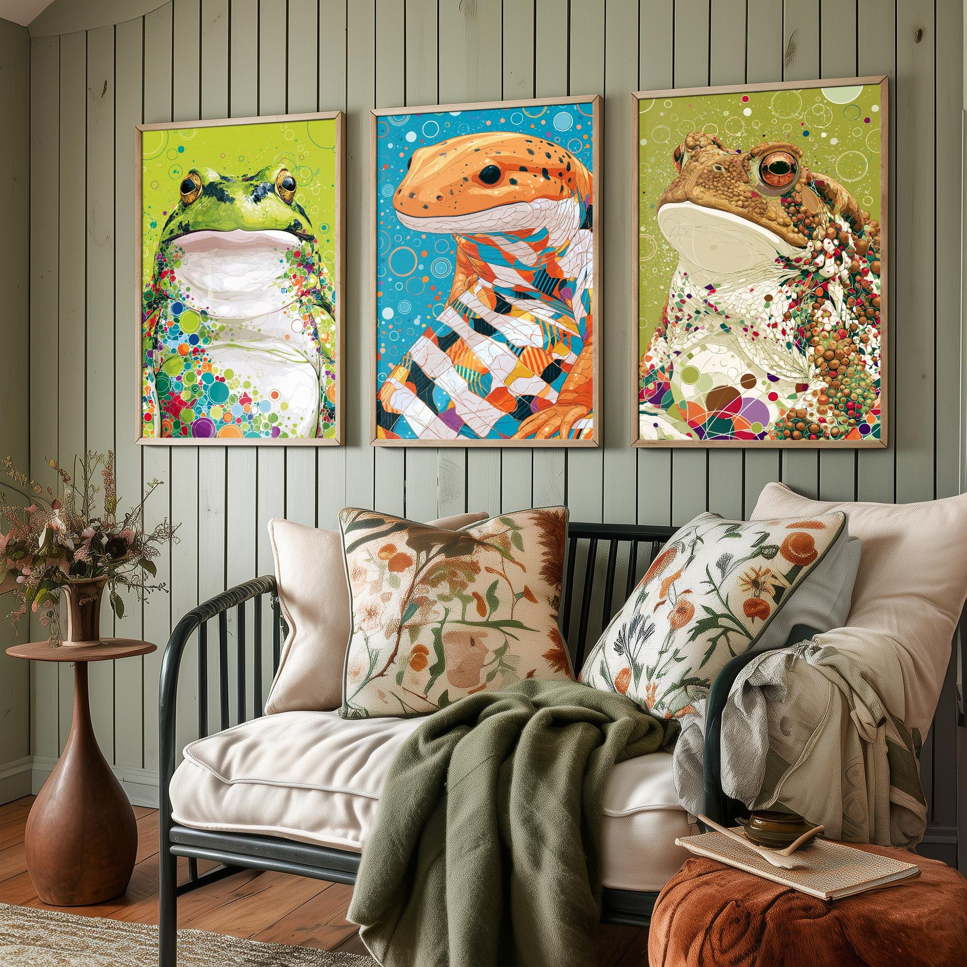 Amphibians Set of Three Art Prints - Frog, Salamander, Toad - Colourful Animal Wall Art Poster Painting Gift Nature Decor