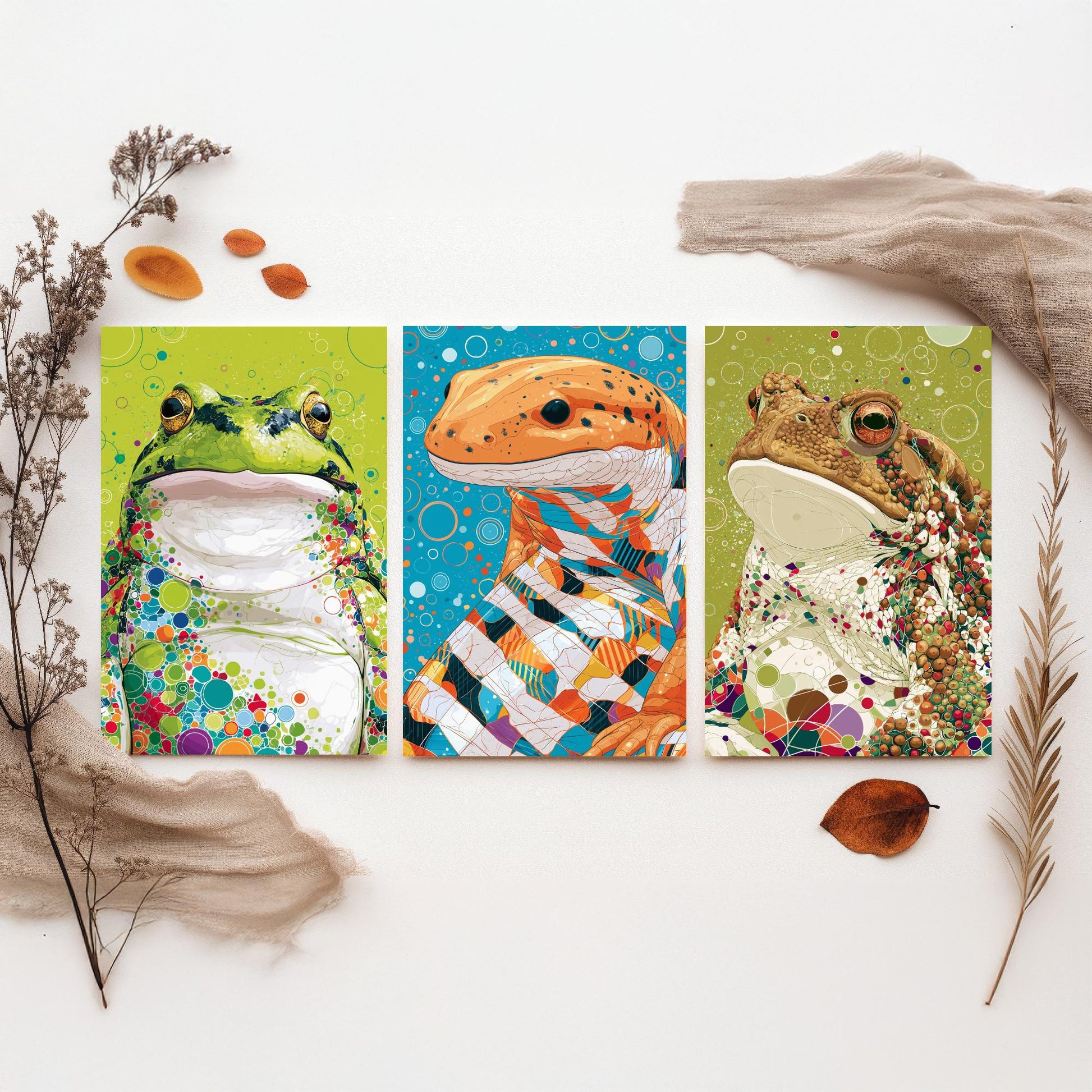 Amphibians Set of Three Art Prints - Frog, Salamander, Toad - Colourful Animal Wall Art Poster Painting Gift Nature Decor
