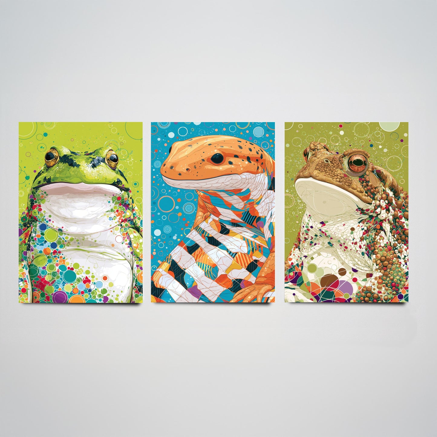 Amphibians Set of Three Art Prints - Frog, Salamander, Toad - Colourful Animal Wall Art Poster Painting Gift Nature Decor