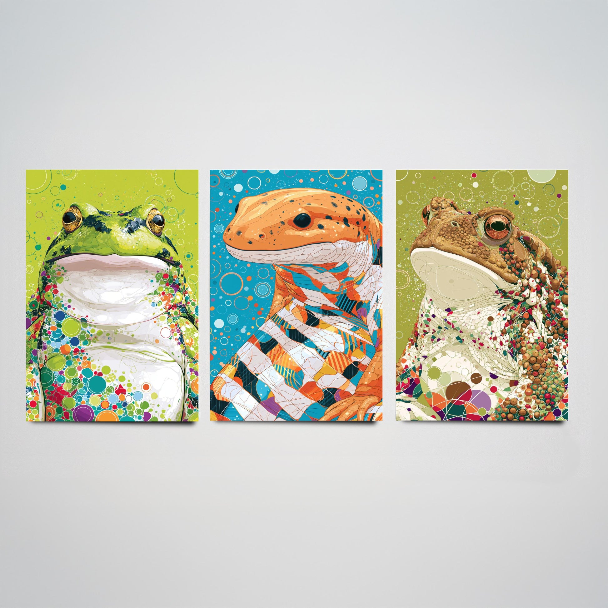 Amphibians Set of Three Art Prints - Frog, Salamander, Toad - Colourful Animal Wall Art Poster Painting Gift Nature Decor