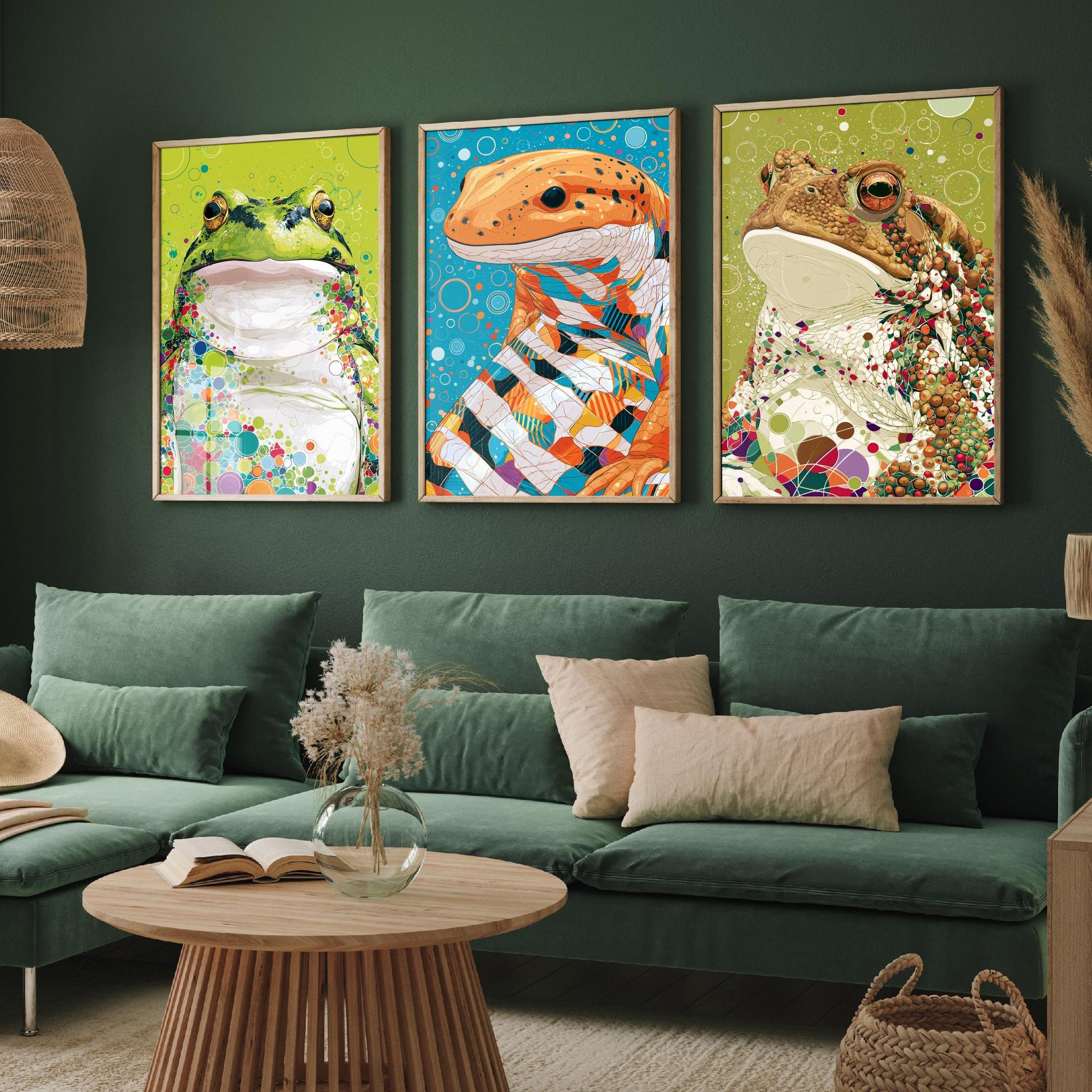 Amphibians Set of Three Art Prints - Frog, Salamander, Toad - Colourful Animal Wall Art Poster Painting Gift Nature Decor